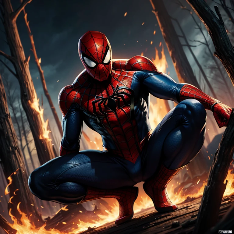 Marvel comic art,comic scene,Spiderman,his costum extremely ripped,he cry,burned forest in background 