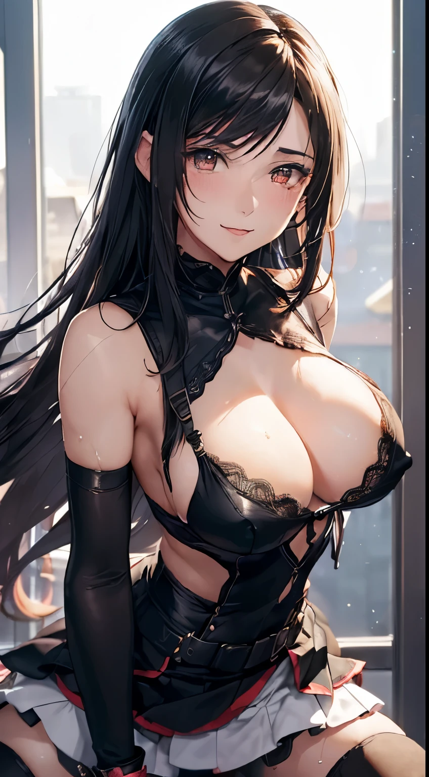 ((((((1 man and 1 woman,Make love and have passionate and satisfying sex:1.2)))))), ((((show off nipple,show off breasts)))),8K,master piece,quality loss,big,(1 huge breasts),tifa lockhart,red_eye,brunette colored hair,white long hair,professional lighting,(shiny skin:1.2),shiny big,((best quality)),fix a sharp focus:1.2,Highly detailed face and skin texture,Detailed eye,That's a perfect face,perfect body,blur art,cg,With background,20 years,Cool and beautiful adult face,dressed up((black slip skirt),black elbow gloves, white tight shirt,upper limbs,white vest),red面,A lively attitude,(Mitgal),floating hair,close-up on the chest,smile,cleavage