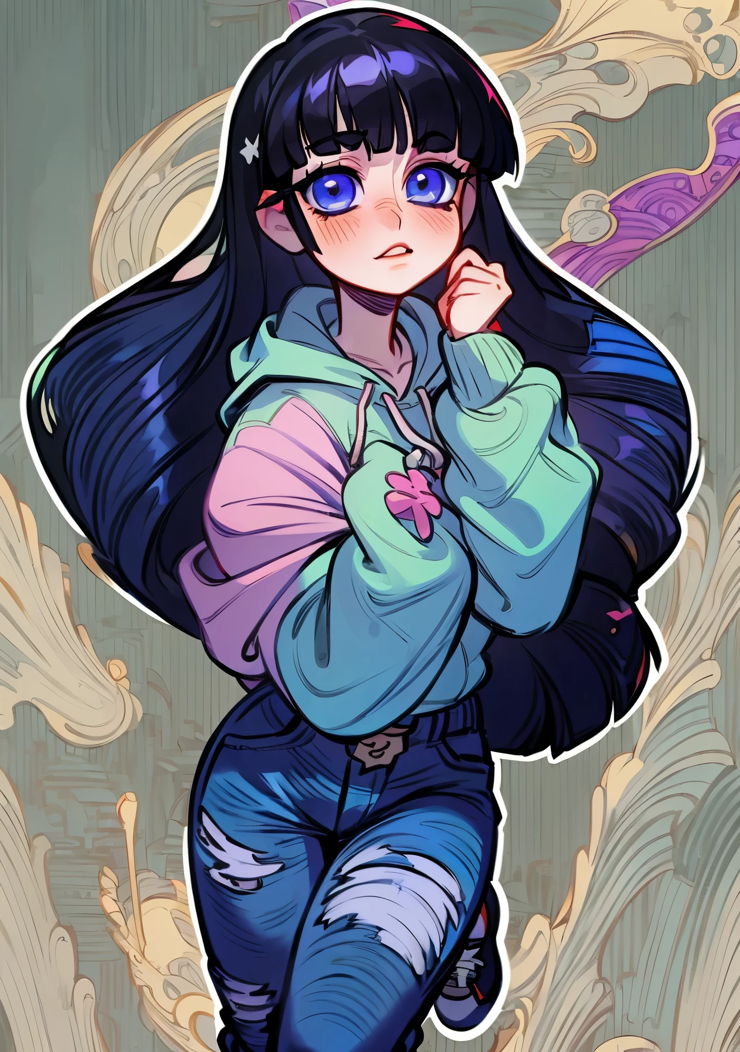 (best quality, masterpiece), 1girl, kimetsu no yaiba, masterpiece, best quality, (ultra detailed:1.5), 1girl, (solo:1.5), mature female, , black hair, blunt bangs, long straight hair, grey eyes, thick lips, hoodie, blue jeans, sneakers. simple background. oda non, illustration, bob cut, simple background, good composition