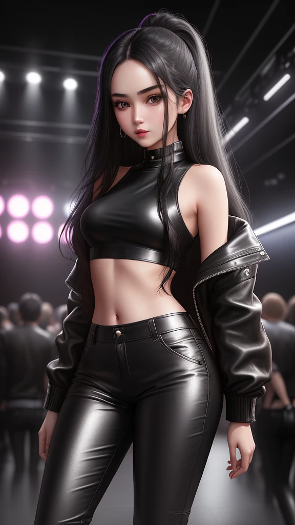 Teenage girl, long black hair, gorgeous face, small breasts, wearing a gray crop top and leather jacket , black rubber trousers, skinny, pretty belly, standing at a nightclub, 30k, exquisite clothing details, high profile.