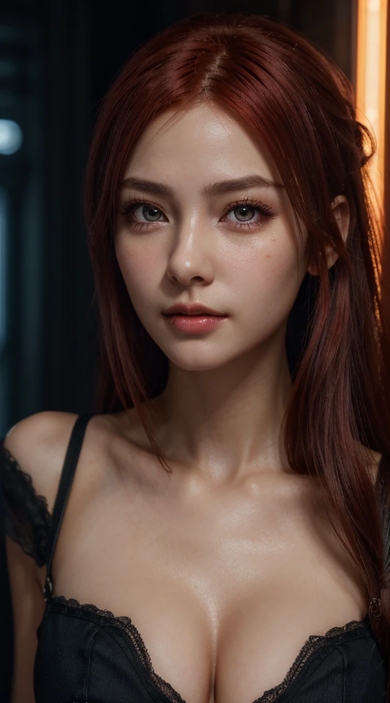 top-quality、8K Masterpiece、超A high resolution、(Photorealsitic:1.3)、(Raw photo)、1 girl、((long blood red hair, hair over shoulders))、epidermis, glowy skin、1 Cyberpunk Super Beautiful young female、((super realistic details)), ((super realistic quality))、portlate、global illumination、Shadow、8K、ultrasharp、beauty breast、Raw skin is exposed in cleavage、metals、cold color、、highly intricate and realistic detail、Realistic cinematic light、CGSoation Trends、Beautiful eyes、radiant eyes、Facing the camera、hands carressing face, neon background details、