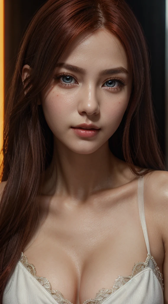 top-quality、8K Masterpiece、超A high resolution、(Photorealsitic:1.3)、(Raw photo)、1 girl、((long blood red hair, hair over shoulders))、epidermis, glowy skin、1 Cyberpunk Super Beautiful young female、((super realistic details)), ((super realistic quality))、portlate、global illumination、Shadow、8K、ultrasharp、beauty breast、Raw skin is exposed in cleavage、metals、cold color、、highly intricate and realistic detail、Realistic cinematic light、CGSoation Trends、Beautiful eyes、radiant eyes、Facing the camera、hands carressing face, neon background details、