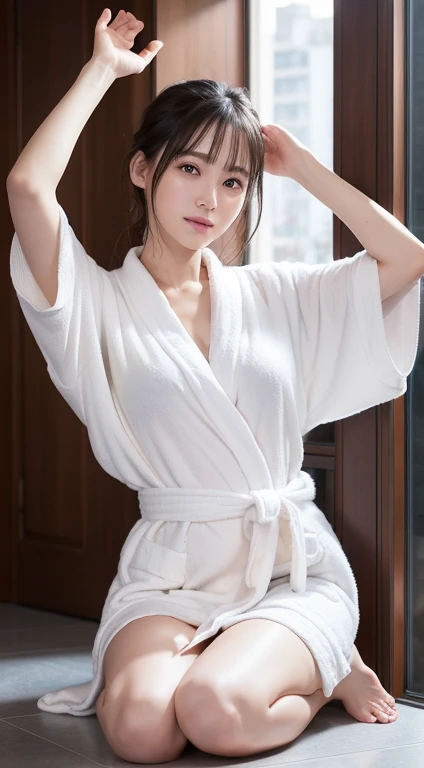 innocent 18 year old girl、((random color bathrobe,dramatic pose)),cute face,bright eyes,tear bag,shy smile,shortcut,hotel background,Raw photo, (8K、highest quality、masterpiece:1.2)、(intricate details:1.4)、(realistic:1.4)、octane rendering、Intricate 3D rendering Super detaileded, soft light in the studio, rim light, vivid details, Super detailed, realistic skin texture, face, Beautiful eyes in every detail, Highly detailed CG Unity 16k wallpaper, compensate, (detailed background:1.2), shiny skin, whole body、draw from head to foot,((raise hands and arms,Stand on your knees,I can see your thighs))、sweaty skin、Hot body、After bath、yawning