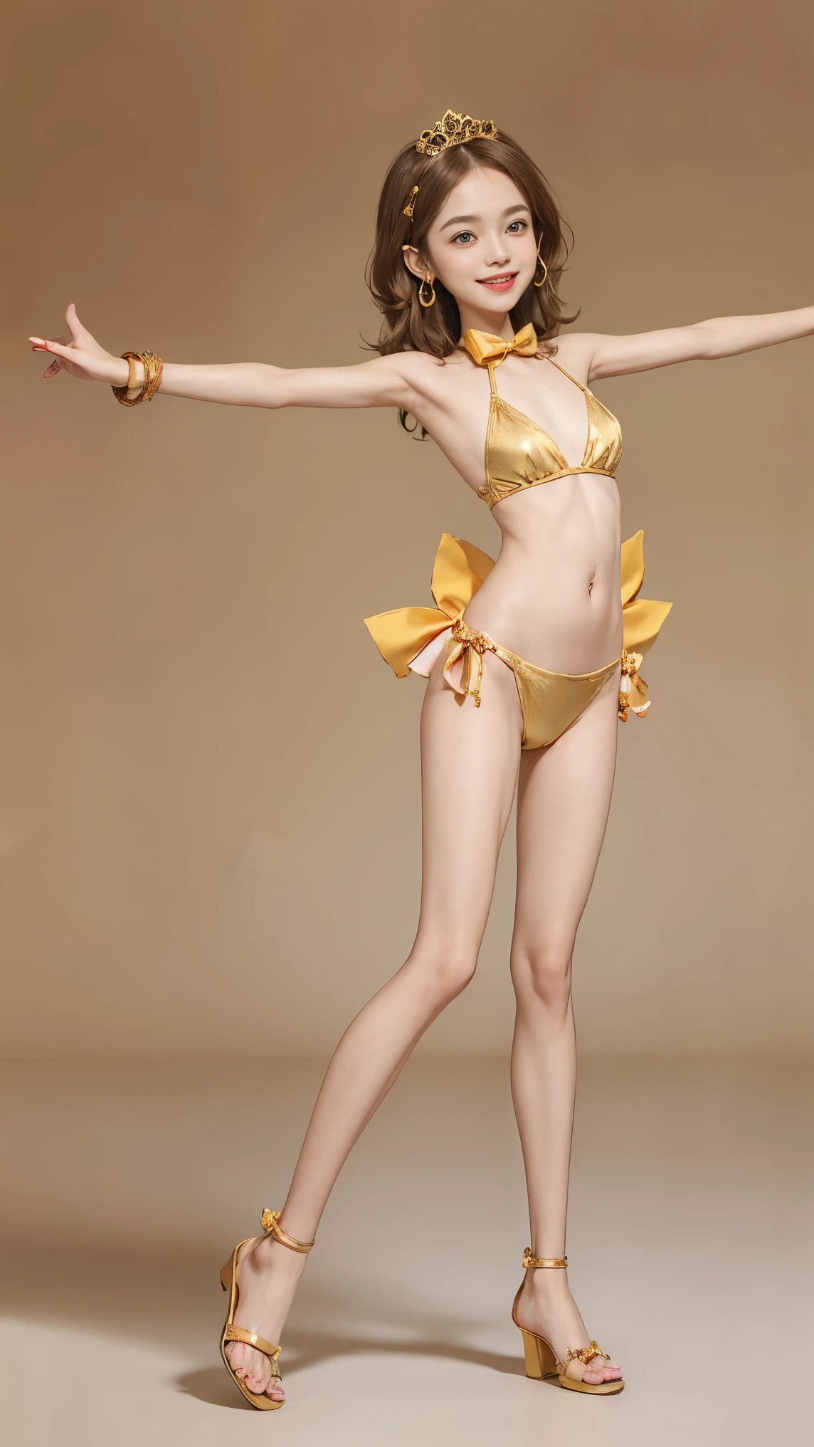 girl, goblin, smile of great joy,beautiful and moving,(((flat chest))),Do a dynamic dance、How to wear a Painted Mimi headband、((((thin arms、thin waist、slender upper body、thin thighs、thin lower body))))、medium long hair、(((brown hair)))、tropical sandy beach、dazzling smile、micro bikini、((full body shot))、golden tiara、gold earrings、Golden Necklace、golden bracelet、A bow tie、wear big gold earrings、Wearing golden sandals