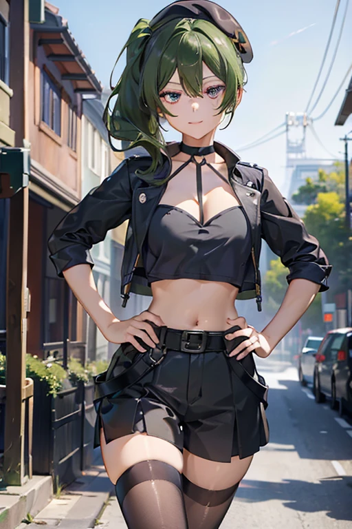 ubel,dark green hair,long hair,side ponytail,hair between eyes,bangs, BREAK (beret, black jacket, open clothes, cleavage, midriff, black shorts, black thighhighs, thigh strap, fingerless gloves, single glove:1.2) BREAK blurry background, BREAK pose, hand on hip, BREAK (masterpiece:1.2), best quality, high resolution, unity 8k wallpaper, (illustration:0.8), (beautiful detailed eyes:1.6), extremely detailed face, perfect lighting, extremely detailed CG, (perfect hands, perfect anatomy),
