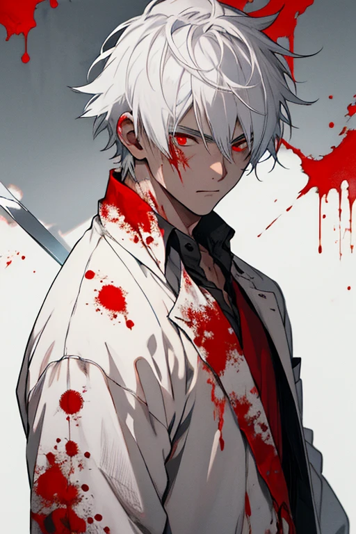 A boy in old clothes with white hair and red eyes with a bloody dagger in his right hand