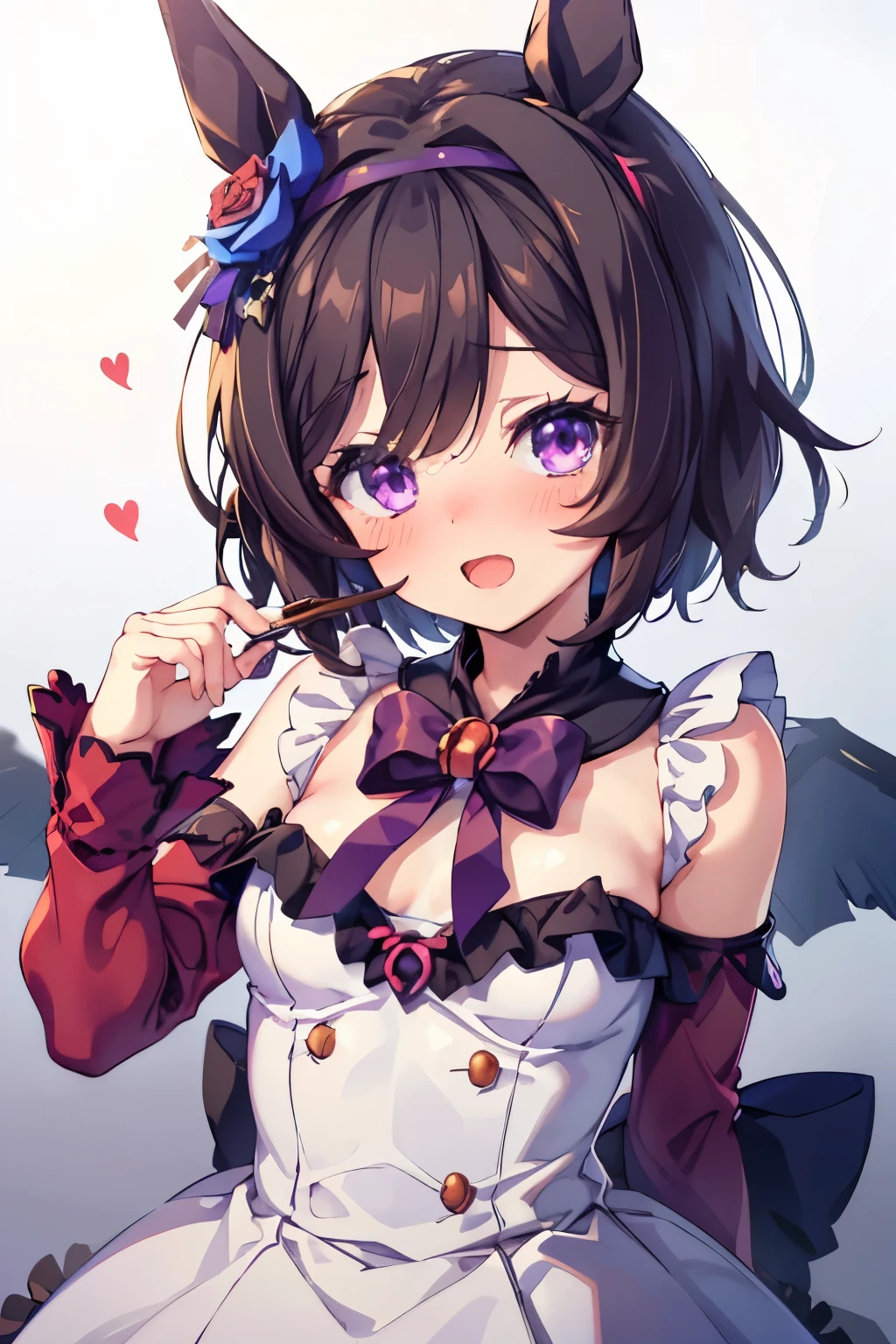 nsfw,ウマ娘のNishinohana,Uma Musume,Nishinohana,marl,short hair,red headband,beautiful purple eyes,black dress,frills,Blue rose,ribbon,cute,Curvaceous,smile with open mouth,blush,embarrassed face,best image quality,highest quality,masterpiece