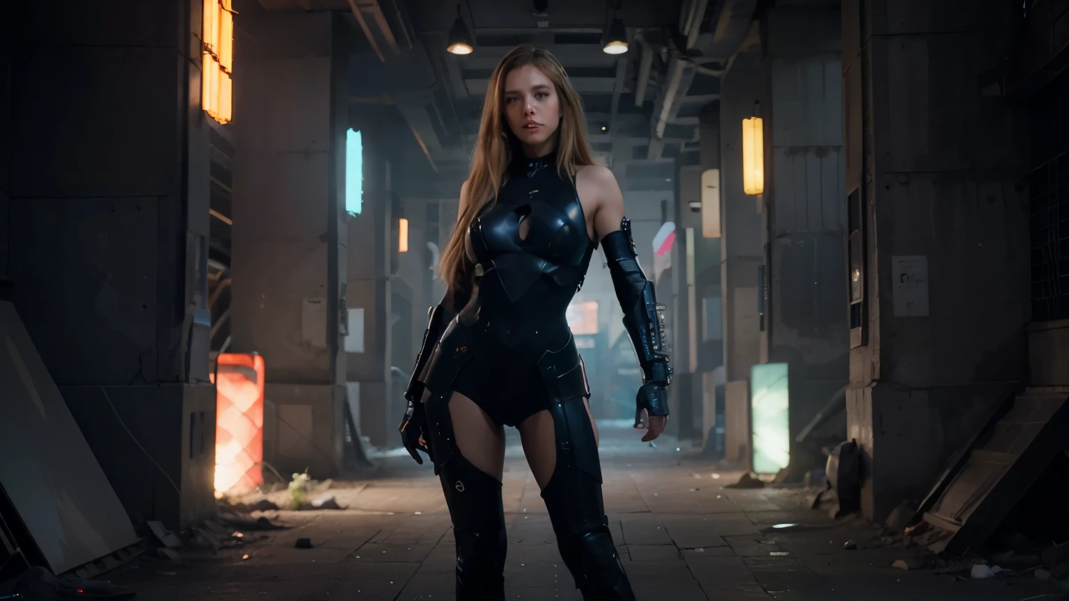 ((best quality)), ((masterpiece)), (detailed), perfect face, (best quality, highres, realistic), cyberpunk style, vibrant colors, dramatic lighting, 1girl, blue eyes, blond hair, long hair, flowing hair, futuristic armor, full body, fighting pose, standing, futuristic city background,