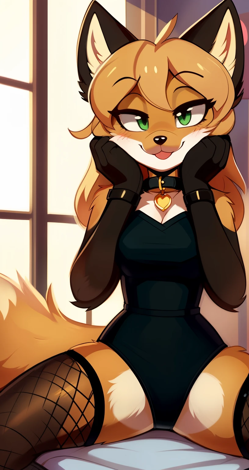 Nervous smiling, uploaded the e621, beautiful and detailed, woman (((female))) ((anthro)) Fox, (Averi, Fox girl), by waspsalad, by phluks, by zero-sum, cinematic lighting, hyena, (anthro, fluffy fur, character focus:1.1), 1girl, anthro fox girl, body fur, curvy, sexy, nice, cute, hot, comfortable anime-style cartoon-style, digital drawing, Fishnet stockings, black wristband, collar, laying on bed, spread legs, (black dress, visible panties), hands on face, (half-closed eyes), green eyes