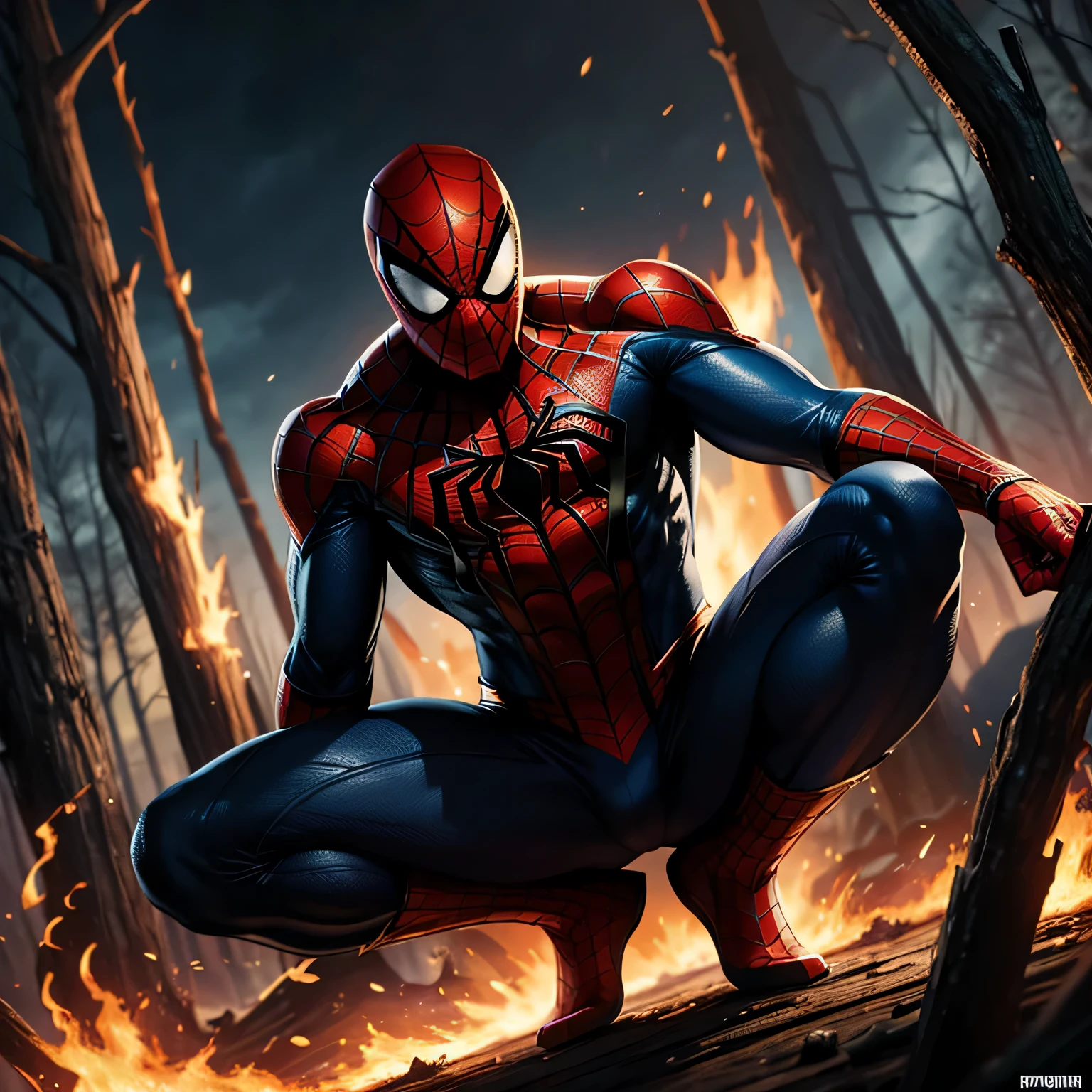 Marvel comic art,comic scene,Spiderman,his costum extremely ripped,he cry,burned forest in background