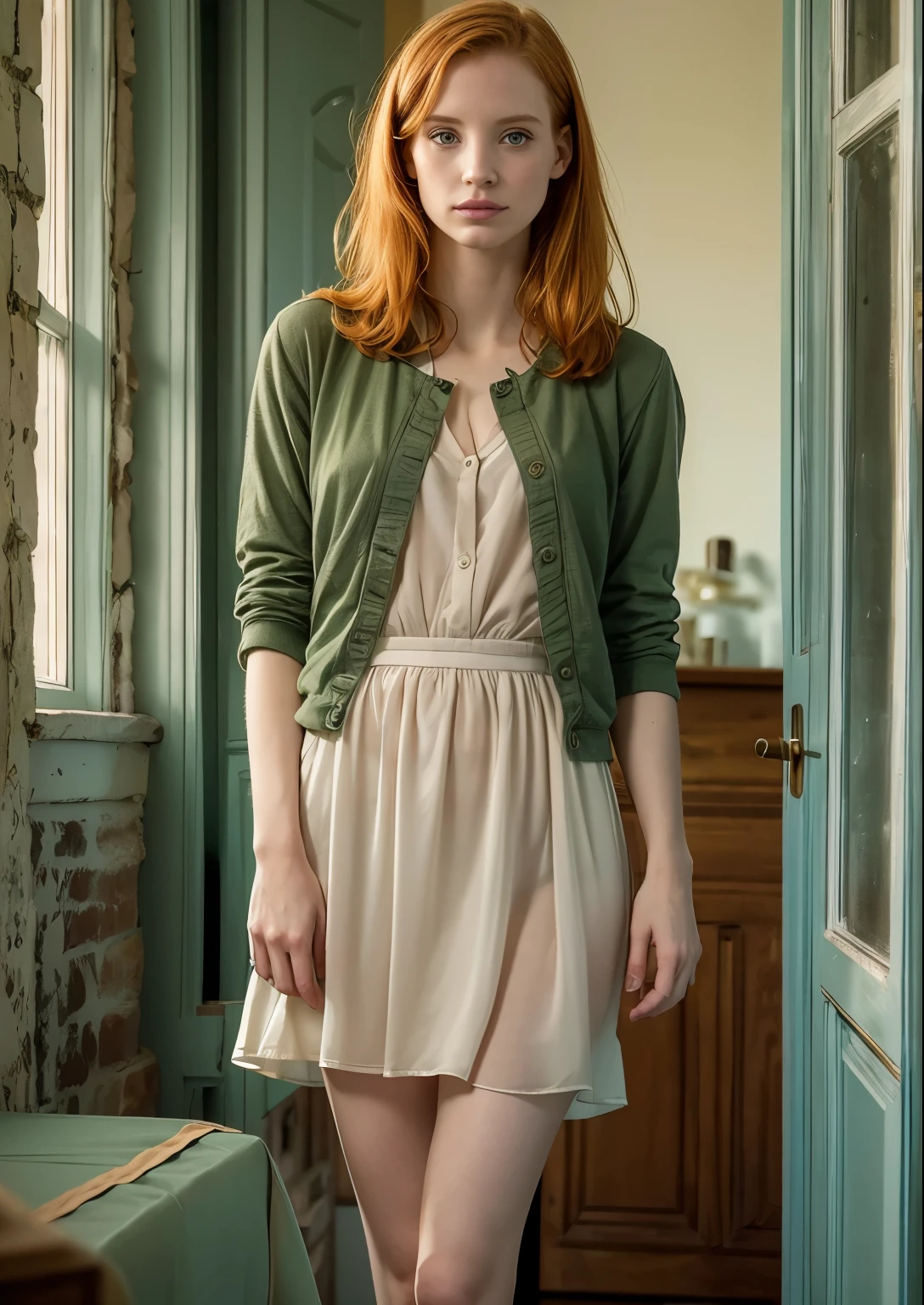 (Jessica Chastain:1.2), slim, skinny, beautiful face, thin face, Irish teen girl slim model, very small perky breasts, narrow hips, standing pose, long thin legs, ginger hair, freckles, shy pose, (college classroom in background, wearing a light summer dress with nothing underneath, ginger hair, shy, 15 year old girl, long legs, narrow waist, narrow hips, slim, beautiful teenage girl), (Teen model, 15 years old, young), Ethereal beautiful, slim, ginger hair, green eyes, flat perky chests, Soft light, ((David Hamilton Style)), full body picture, masterpiece, Best Quality, Photorealsitic, 8K, High resolution, Detailed skin, 8K UHD, Digital SLR, Soft lighting, High quality, Film grain, FUJI XT3