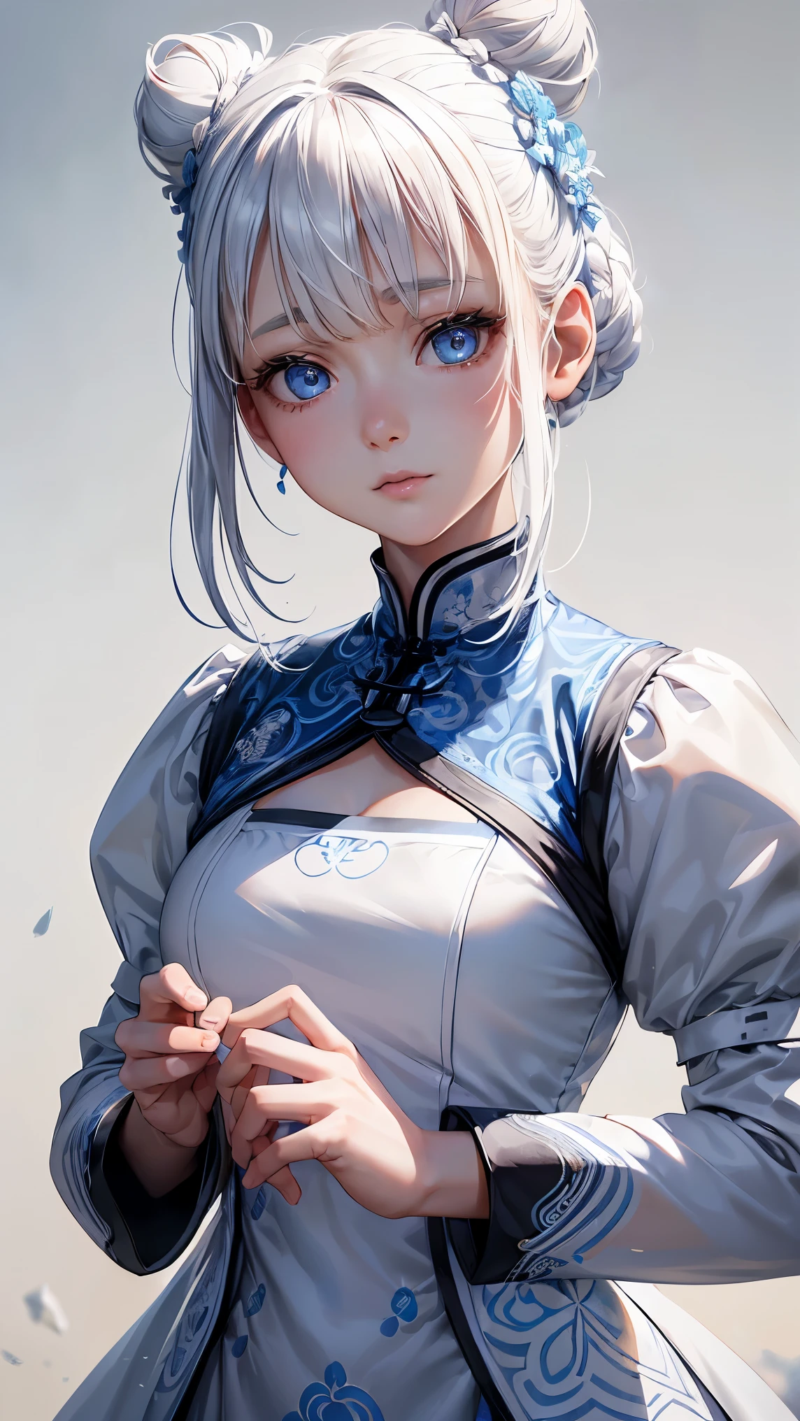 (Girl1,round face,blue eyes),(white hair,long wild hair,bun hairstyle),(short white Qipao Dress,The dress is decorated with beautiful patterns),Highly detailed ,8K wallpapers،Highest quality, high resolution, beautiful lighting, realistic shadow, high resolution،highly detailed,(detailed faces and eyes,realistic eyes)
