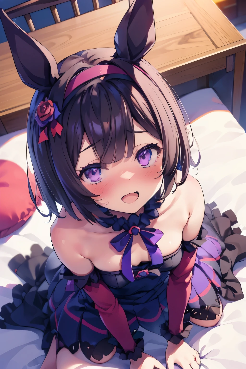 nsfw,((one man and one woman,having sex)),lying down,ウマ娘のNishinohana,Uma Musume,Nishinohana,marl,short hair,red headband,beautiful purple eyes,black dress,frills,Blue rose,ribbon,cute,Curvaceous,smile with open mouth,blush,embarrassed face,best image quality,highest quality,masterpiece