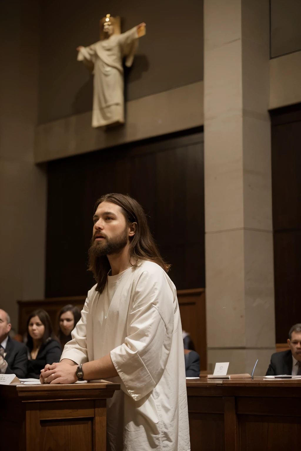 mejor calidad, mucho detalle, obra maestra, imagen de un juicio en una sala de juzgado moderna donde Jesucristo esta sentado como testigo, He has a beard and a tunic, hay un juez y publico