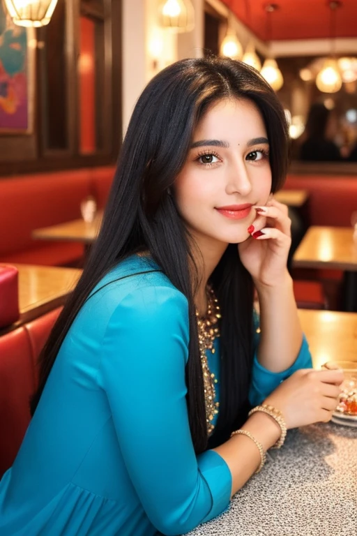 A 30-year-old woman of mixed Indian and Moroccan , long hair , very realistic, a hand holding a bag,Classy and pretty. In restaurant with her friends, eating good food,Sitting in the company of her girlfriends with different hairstyles, beautiful dresses