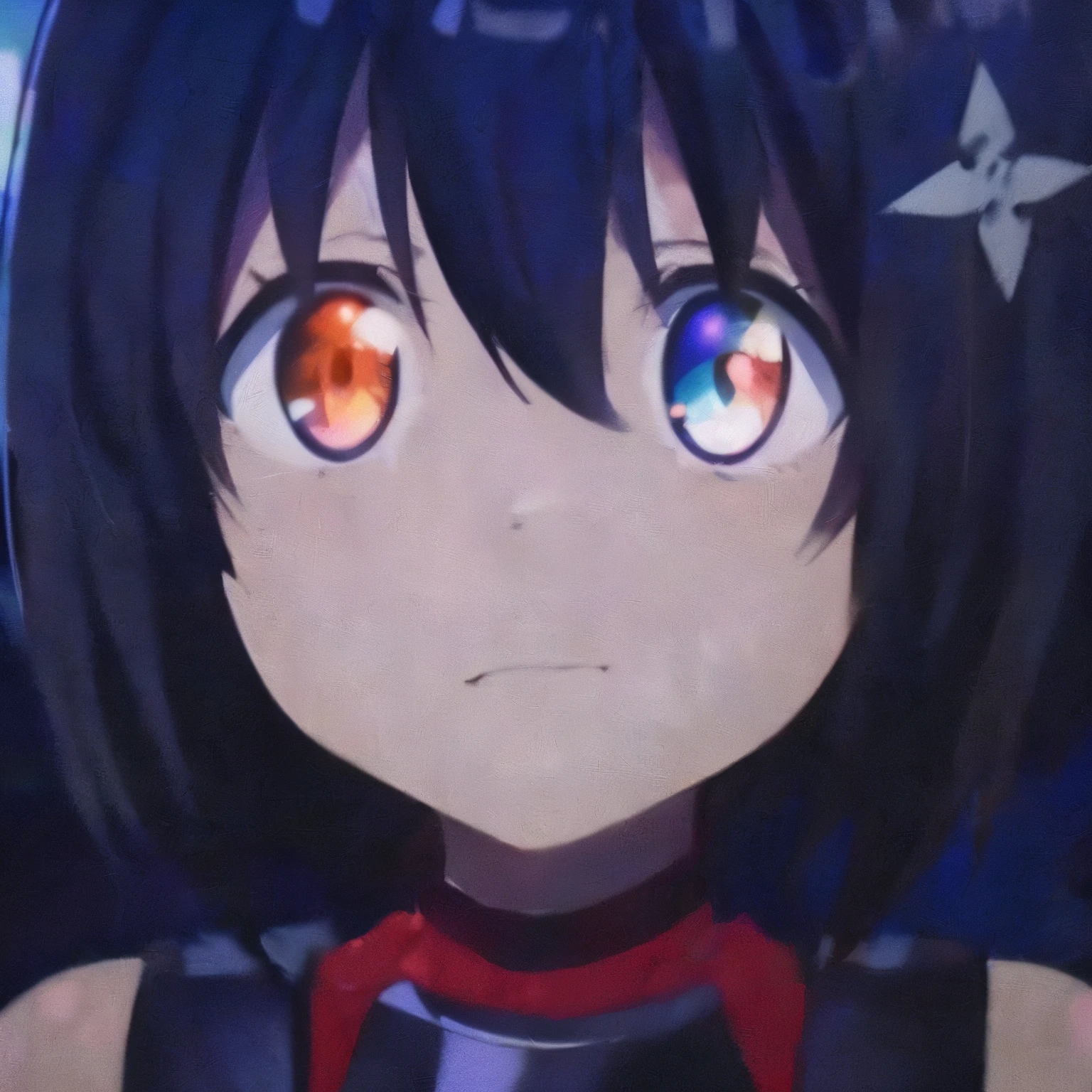 Mii girl on space, black hair, short hair, ahoge, blue eyes, a red strap on hair, a red foot tattoo on her right cheek,  In the style of Makoto Shinkai。master piece, ultra detail, precision, ultra-realistic, anime art,
