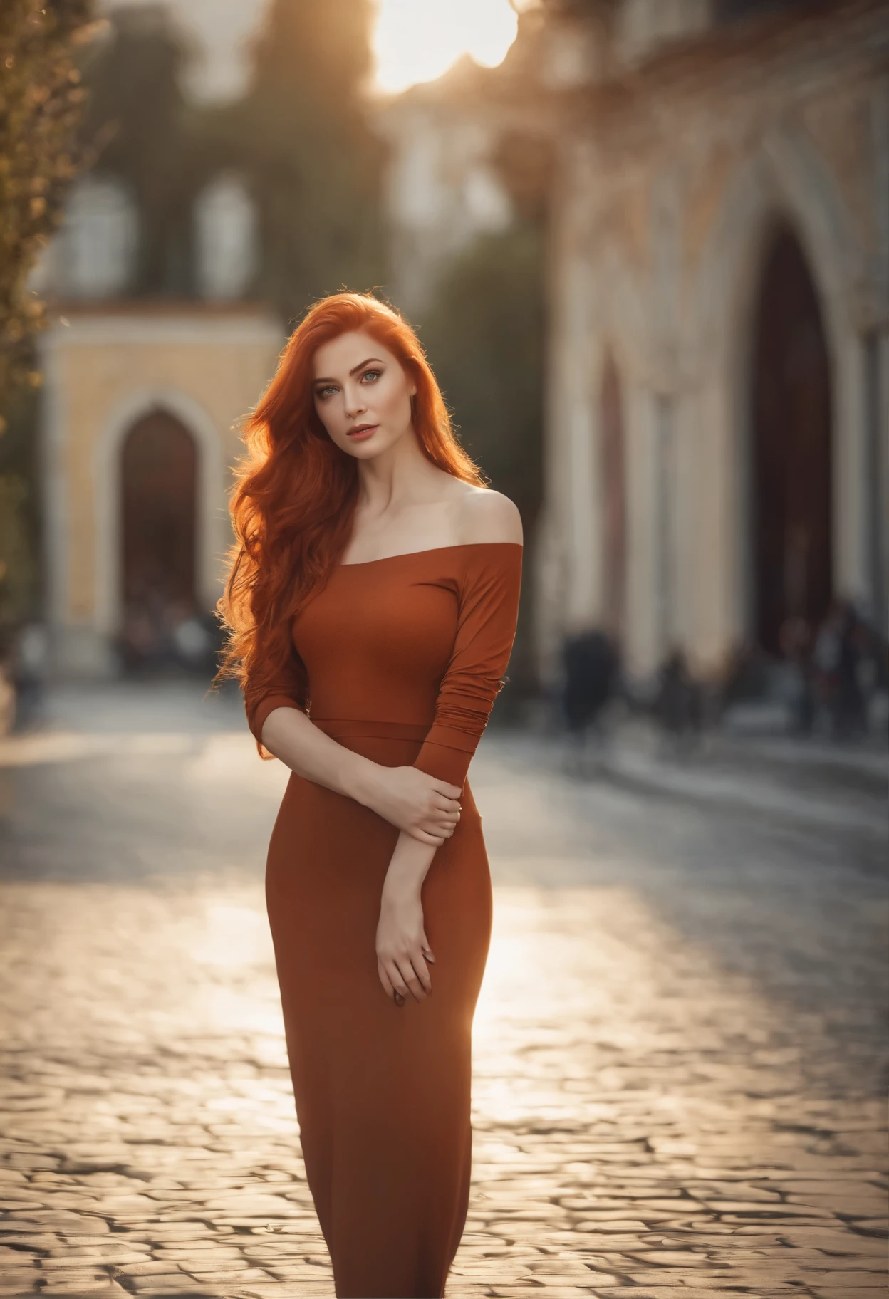 professional, (4k photo:1.1) by (Jeremy Lipking:0.3), (Dittmann Anna:0.3), (Arian Mark:0.3), (Sharp focus:1.3), high detail, wearing (tight shirt:1.2), beautiful detailed face, an attractive woman with long red hair looks into the camera, looking like actress Katherine McNamara,in a shooting photograph, panasonic lumix s pro 50mm f/1.4, anne stokes, color splash, dark orange and dark emerald, ferrania p30, photo realistic, (attractive young woman:1.3), (seductive:1.1), (blushing:1.1), hourglass body shape, ass, big round breasts, wide hips, in background city, taking selfie, wearing jumper