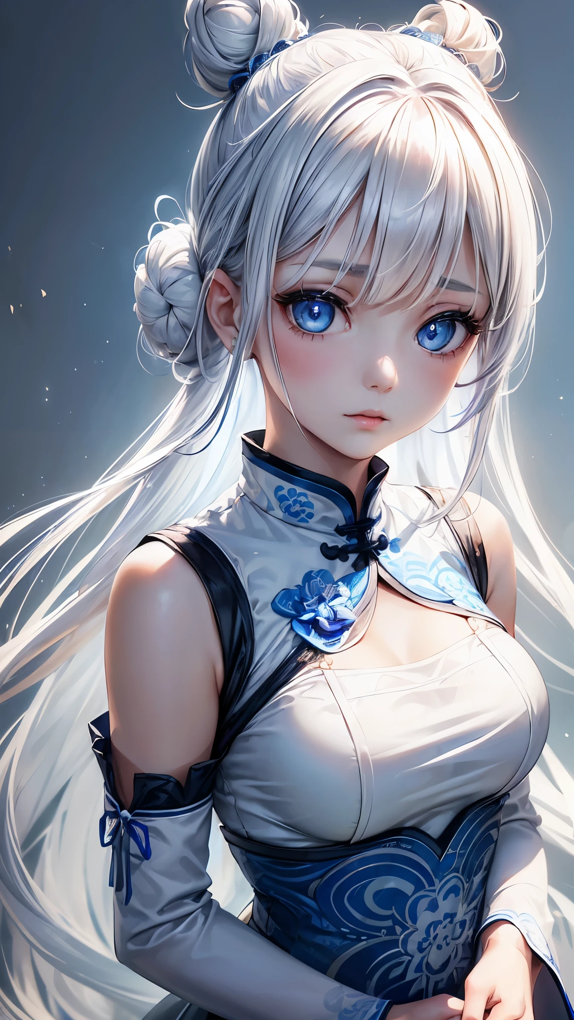 (Girl1,round face,blue eyes),(white hair,long wild hair,bun hairstyle),(short white Qipao Dress,The dress is decorated with beautiful patterns),Highly detailed ,8K wallpapers،Highest quality, high resolution, beautiful lighting, realistic shadow, high resolution،highly detailed,(detailed faces and eyes,realistic eyes)