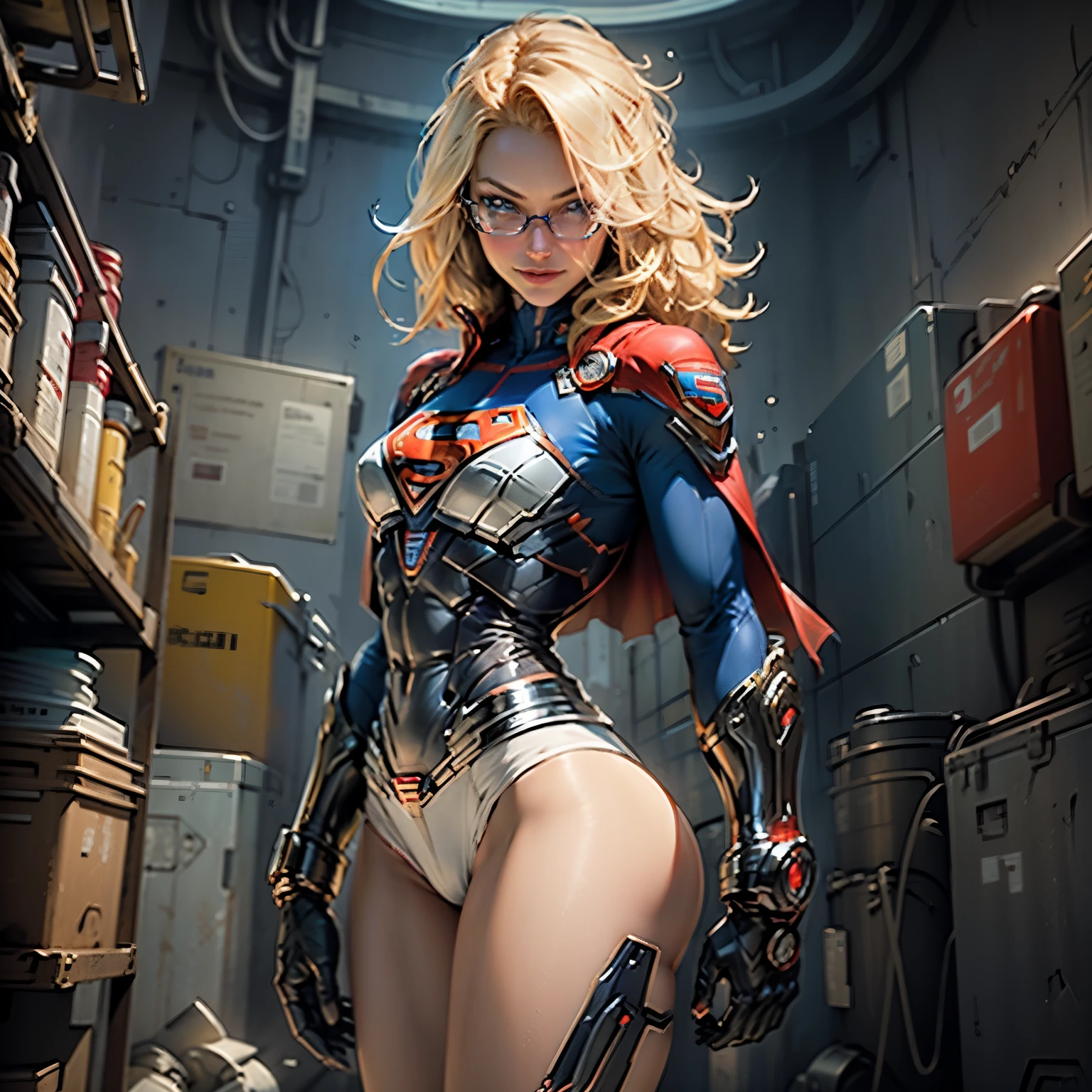 Supergirl body set thick thighs cybernetic body parts, Short underwear, blonde with blue eyes, superman S symbol on the chest, Detailed face, Gorgeous, gorgeous and sexy smile, Glasses,