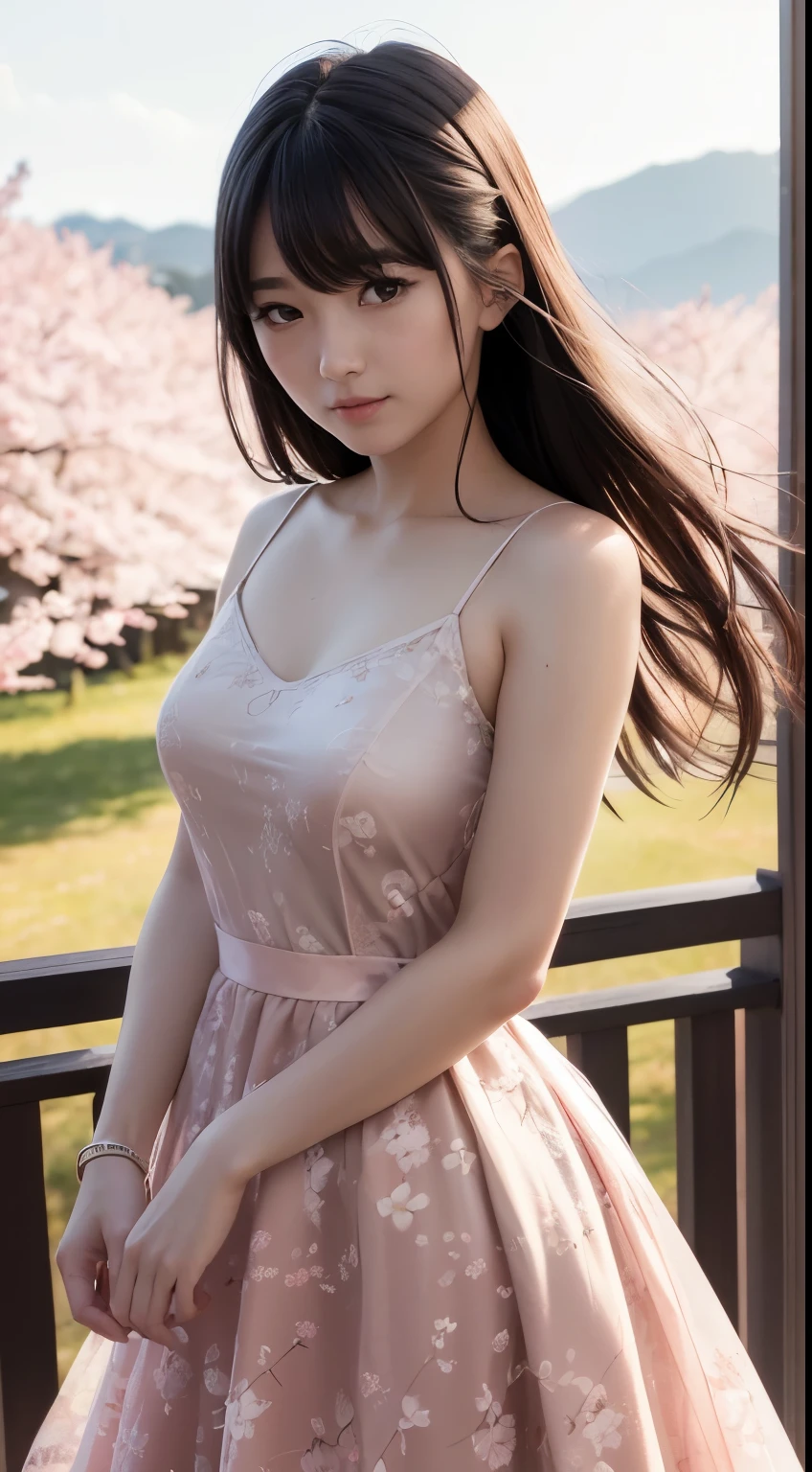 (logo、masterpiece、8K、table top、Raw photo、wonderful、最high quality、フォトリアリスティックでvery detailedな CG 統合 8k 壁紙、high quality、very detailed、narrative poem、particle effects、dynamic effects、Depth of the bounds written、cinematic light、Lens flare、ray tracing)、fantasy、 (1 beautiful woman、dress、dress、cherry blossom pattern、black haired、beautiful face、real face、beautiful details eyes beautiful skin)、髪がWindで踊る、Hair flutters in Wind、hair bounces、pink cherry tree、petals dance、SakuraFubuki、Spectacular view、sunrise、sun on background、Wind、