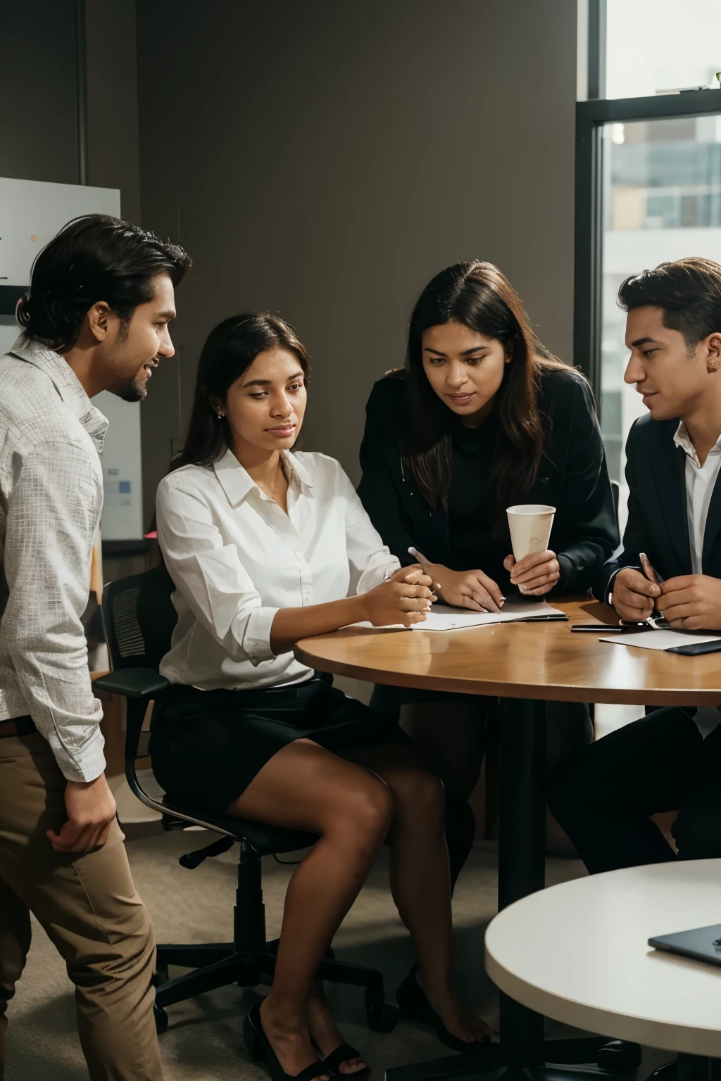Una imagen que represente la diversidad en el lugar de trabajo, with people of different genders, edades, ethnicities and abilities working together in harmony. Pueden estar colaborando en una tarea o discutiendo ideas en una sala de reuniones. La imagen debe transmitir un ambiente de respeto mutuo, collaboration and creativity, highlighting how diversity in the team can lead to greater innovation and project success.