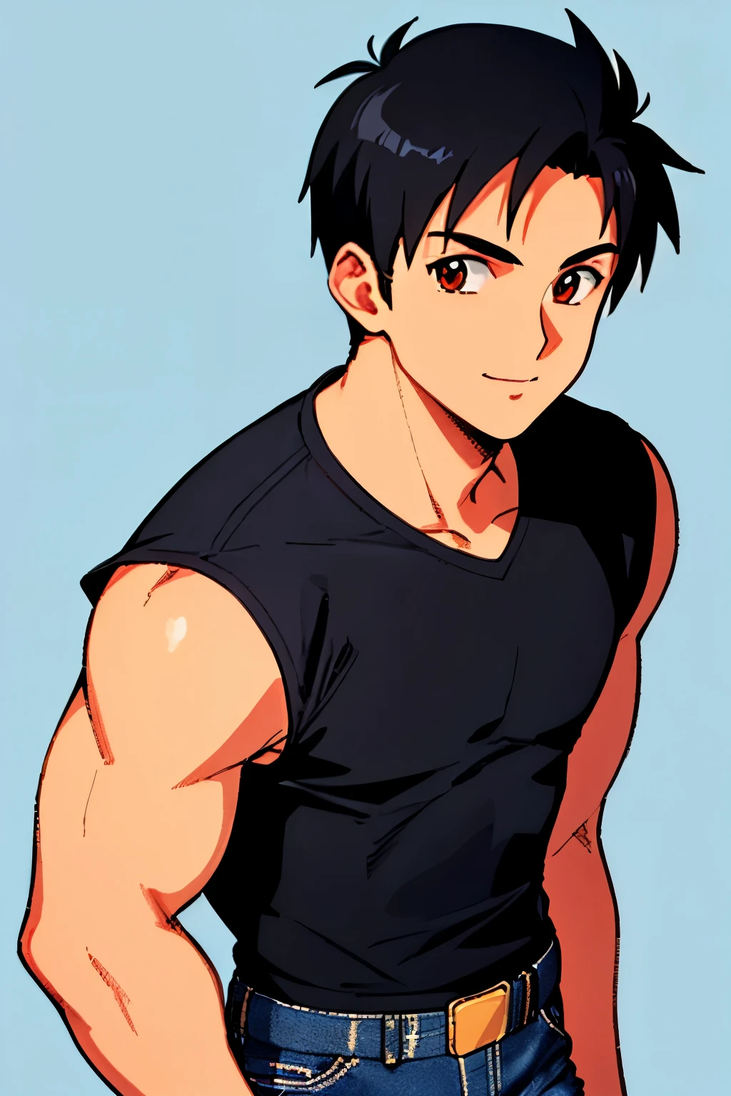 masterpiece, best quality, cel shaded, bright colors, 1boy, solo, male focus, teenage boy, short black hair, brown eyes, youthful smile, healthy complexion, muscular frame, black muscle shirt, blue jeans, looking at viewer, staring straight ahead, upper body shot, simple background