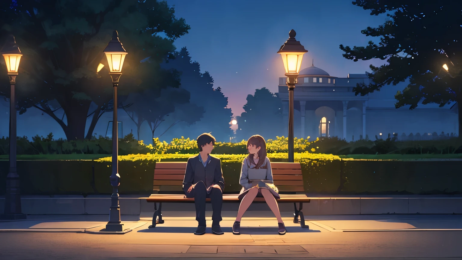 1 man, 1 girl, sitting in bench, in park, lamp park, lighting from lamp, night time, front view