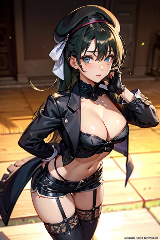 ubel,dark green hair,long hair,side ponytail,hair between eyes,bangs, BREAK (beret, black jacket, open clothes, cleavage, midriff, black shorts, black thighhighs, thigh strap, fingerless gloves, single glove:1.2) BREAK blurry background, BREAK pose, hand on hip, BREAK (masterpiece:1.2), best quality, high resolution, unity 8k wallpaper, (illustration:0.8), (beautiful detailed eyes:1.6), extremely detailed face, perfect lighting, extremely detailed CG, (perfect hands, perfect anatomy),