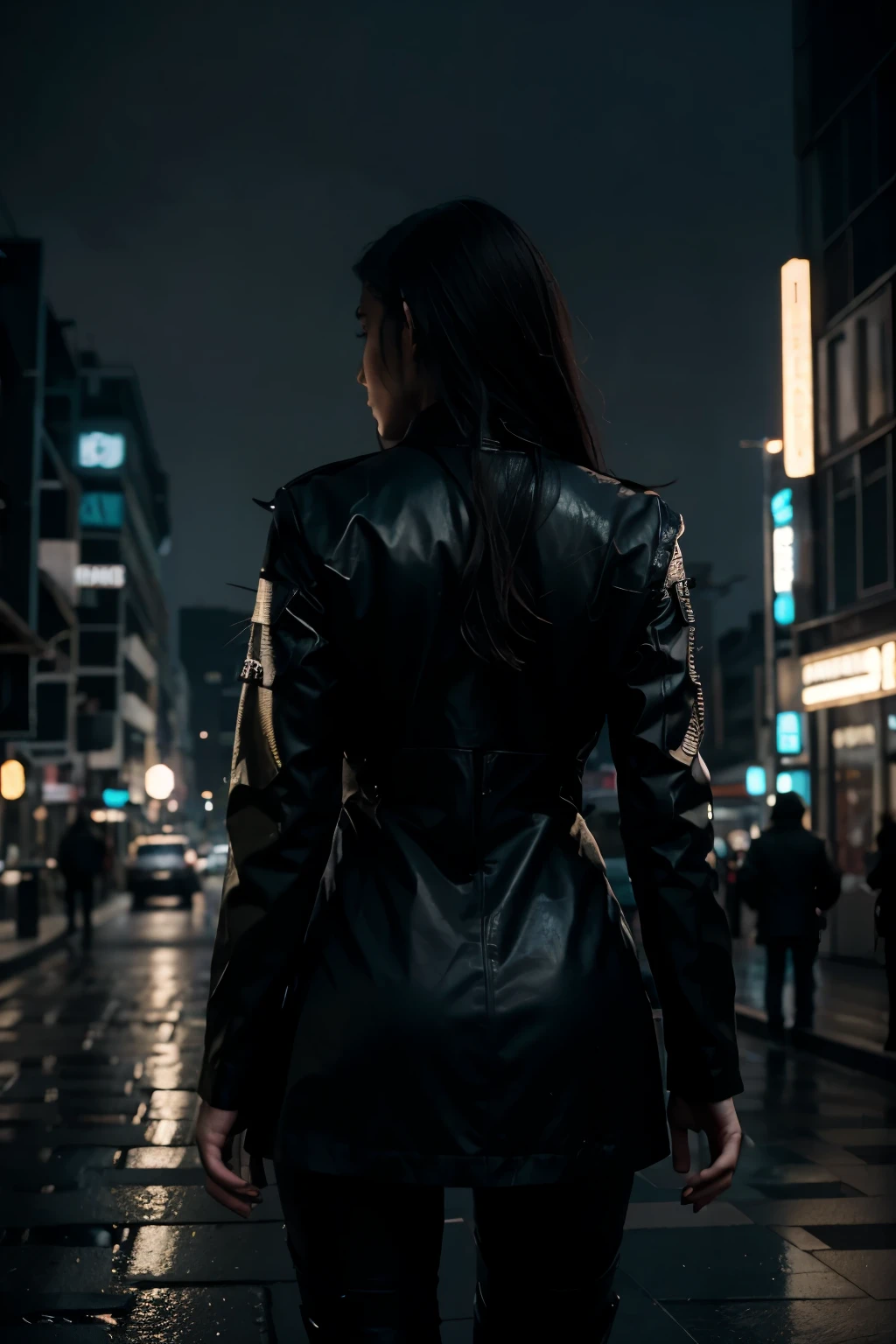 hyper realistic, Realistic texture, dramatic lighting, (best quality:1.1), profondeur de champ, la nuit, dans une ville cyberpunk futuriste, hdr, shallow profondeur de champ, wide light, High contrast, backlight, floraison, the light sparkles, aberration chromatique, sharpness, futuristic clothes, veste de cuir, beauté512, lnchuu,
