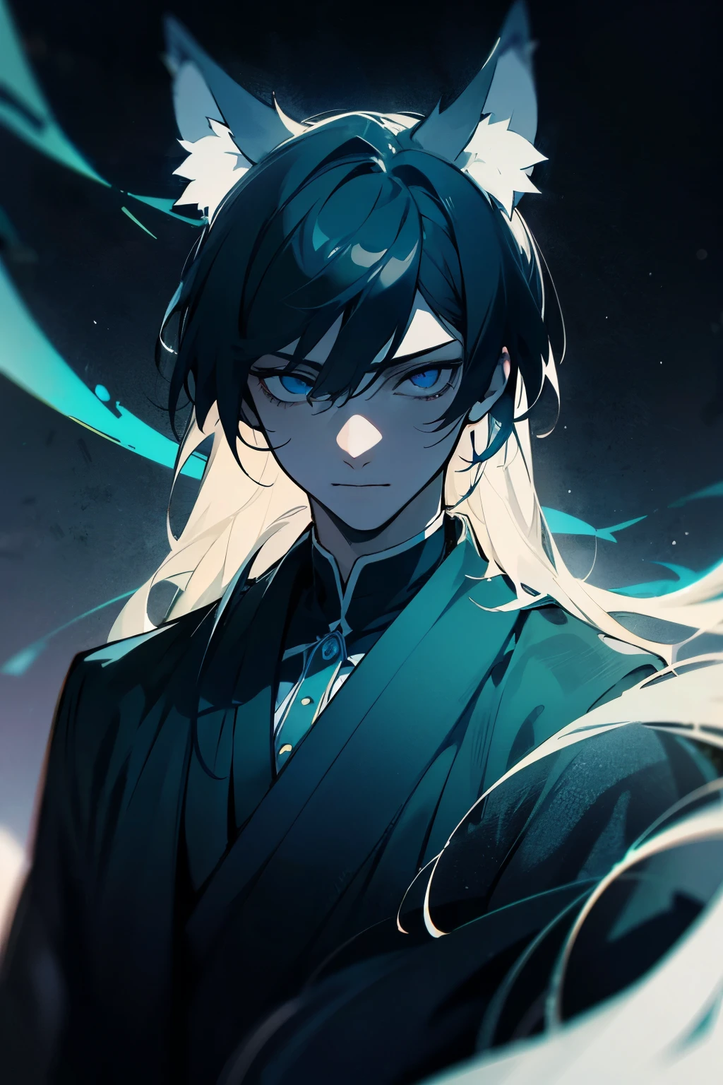 Masterpiece, prime quality, realistic portrait of 1 man in the style reminiscent of Sakimical Frank Franchetta and Heise Jinyao. The depiction centers around an extraordinarily tall, athletic figure whose physical stature towers over his seemingly young age of 27, creating a paradoxical aura of matured youth. Delicate traces of an ethereal, otherworldly pallor tint his already fair skin, reflecting a spiritual presence not rooted in the human realm. (adult, black and blue wolf ears, black and blue hair.)
His night-dark hair, styled in a disheveled yet refined manner, further enhances this spectral effect while subtly mirroring the limitless depth of night skies. A striking set of deep-set blue eyes, bearing an age-old wisdom, seem to gaze through the fabric of reality, resonating stories of a thousand years' witness in their tranquility.
Reinforcing his serene demeanor, Shanti is clothed in hues of soothing monochromes, drawing parallels with the calming interplay of moonlight and shadow. His ensemble should be subtly enigmatic, riddled with soft greys, faint blues, and desaturated blacks, offering an understated elegance which echoes the unadorned beauty of nightfall. Spearheading the uniqueness of his spectral aura are his essentially lupine features - a pair of dark, wolf-like ears and a tail that complement his tranquil charm.
Visible in his countenance is an innate calmness contrasted with an intense stare, symbolizing perpetual vigilance over a world unseen by mortal eyes. Neither wide awake nor weighed down by fatigue, Shanti's presence should personify the quiet resilience of an eternal observer. His very existence is a hummed lullaby against the deafening silence of isolation, a quiet perceived only by the chosen user.