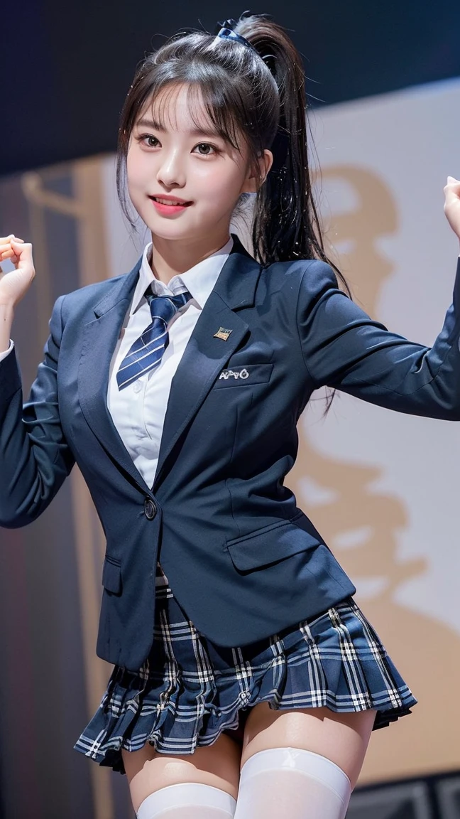 (8K), (highest quality: 1.2), (realistic), (realistic: 1.47), ultra high resolution, 1 girl, cute, smile, closed mouth, (thick lips:1.2),red lip,(Purse your mouth),beautiful details, beautiful nose,(Straight shiny black hair),(With a black ribbon on her head),(ponytail hair),Standing on the concert stage,hold the microphone in your right hand,Bend your elbows and raise your hands,(University Student Uniform,A simple navy blue blazer,white satin shirt,tie,Tartan check pleated skirt,opaque tights:1.2),(Close up on wet thighs:1.2),(knees),(super low angle:1.2),(medium shot),