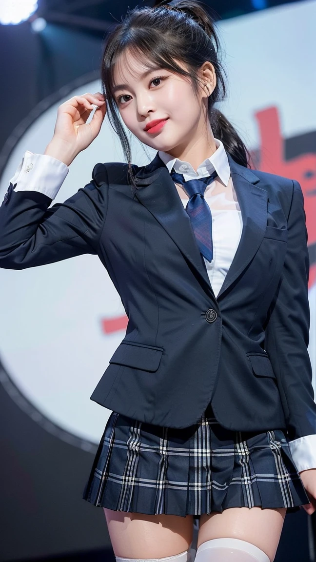 (8K), (highest quality: 1.2), (realistic), (realistic: 1.47), ultra high resolution, 1 girl, cute, smile, closed mouth, (thick lips:1.2),red lip,(Purse your mouth),beautiful details, beautiful nose,(Straight shiny black hair),(With a black ribbon on her head),(ponytail hair),Standing on the concert stage,hold the microphone in your right hand,Bend your elbows and raise your hands,(University Student Uniform,A simple navy blue blazer,white satin shirt,tie,Tartan check pleated skirt,opaque tights:1.2),(Close up on wet thighs:1.2),(knees),(super low angle:1.2),(medium shot),