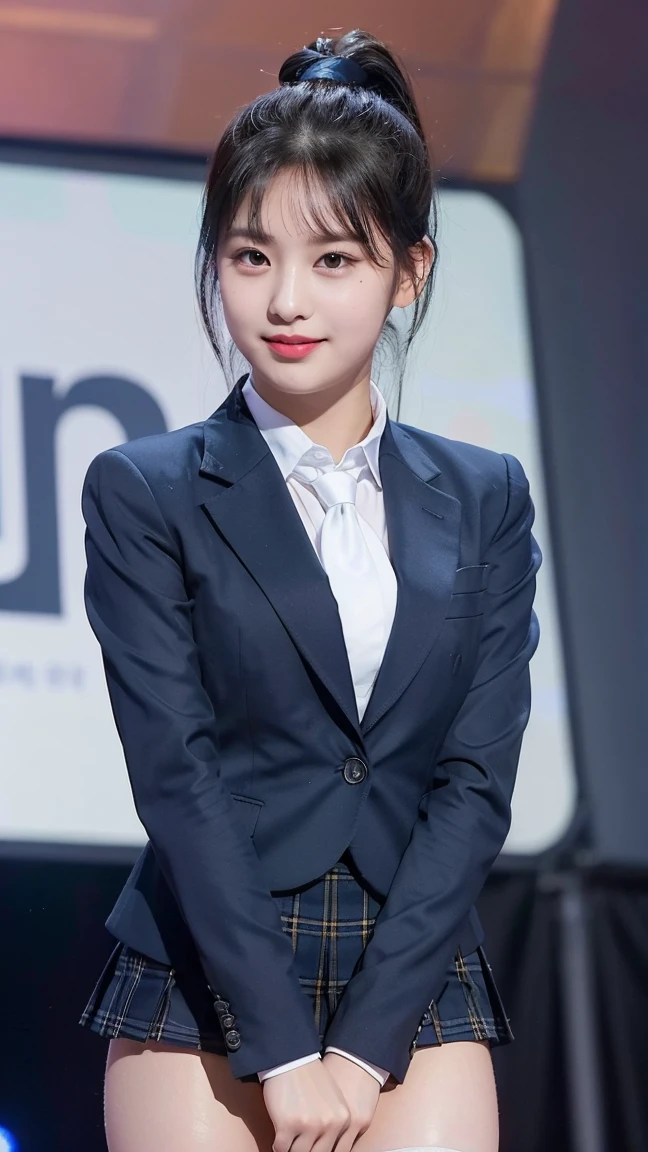 (8K), (highest quality: 1.2), (realistic), (realistic: 1.47), ultra high resolution, 1 girl, cute, smile, closed mouth, (thick lips:1.2),red lip,(Purse your mouth),beautiful details, beautiful nose,(Straight shiny black hair),(With a black ribbon on her head),(ponytail hair),Standing on the concert stage,hold the microphone in your right hand,Bend your elbows and raise your hands,(University Student Uniform,A simple navy blue blazer,white satin shirt,tie,Tartan check pleated skirt,opaque tights:1.2),(Close up on wet thighs:1.2),(knees),(super low angle:1.2),(medium shot),