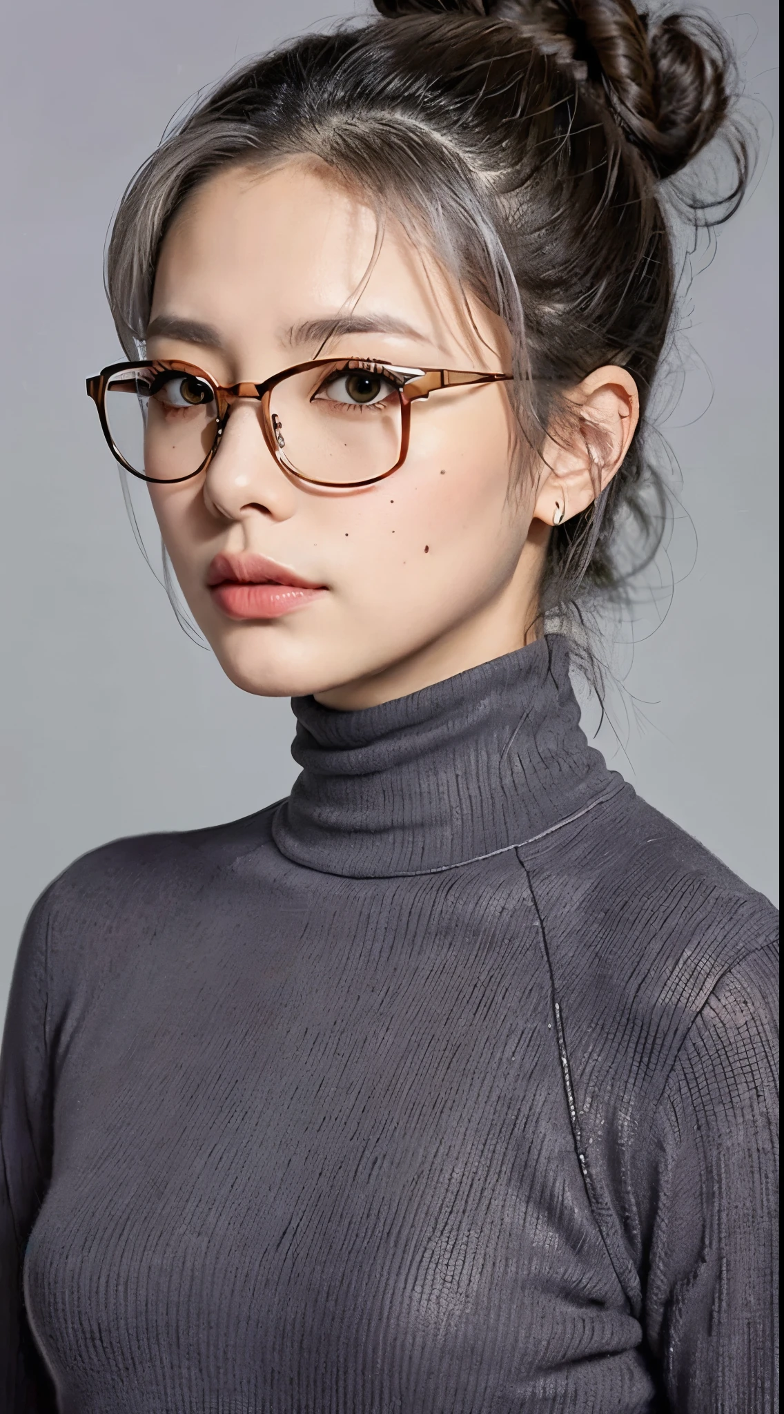((masterpiece)), ((最high quality)), (ultra-be familiar with),be familiar with face, realistic, portrait, high quality, be familiar with, Gift, gray hair, gray hair, bun hair, red glasses, turtleneck sweater, black skirt, mole, mole, lips,