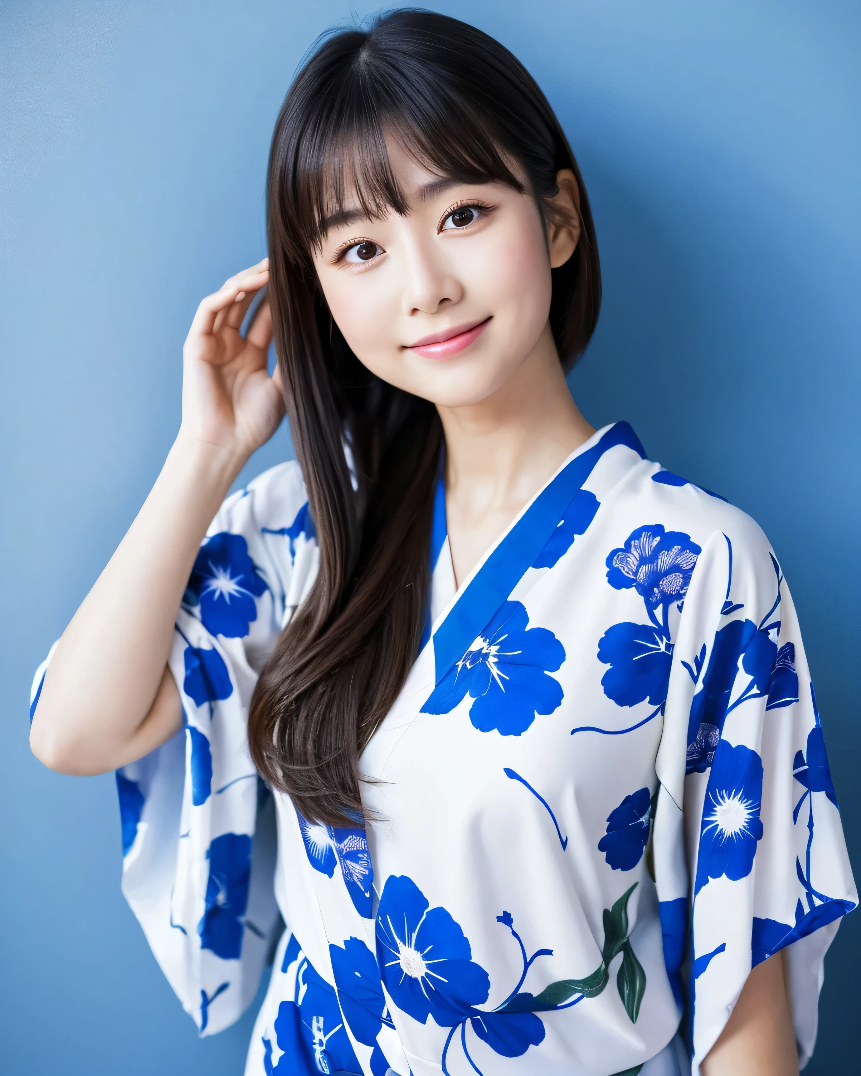 (highest quality, 8K, High resolution, masterpiece:1.2), beautiful japanese girl, s old, glossy black hair, ponytail, asymmetrical bangs, Big Sapphire Eyes, High resolutionの潤んだ瞳, smooth soft skin, pale pink lips, natural makeup, gentle smile, white floral kimono, traditional Japanese Yukata, (whole body:1.3), Clearly, cobalt blue sea, blue sky, professional lighting