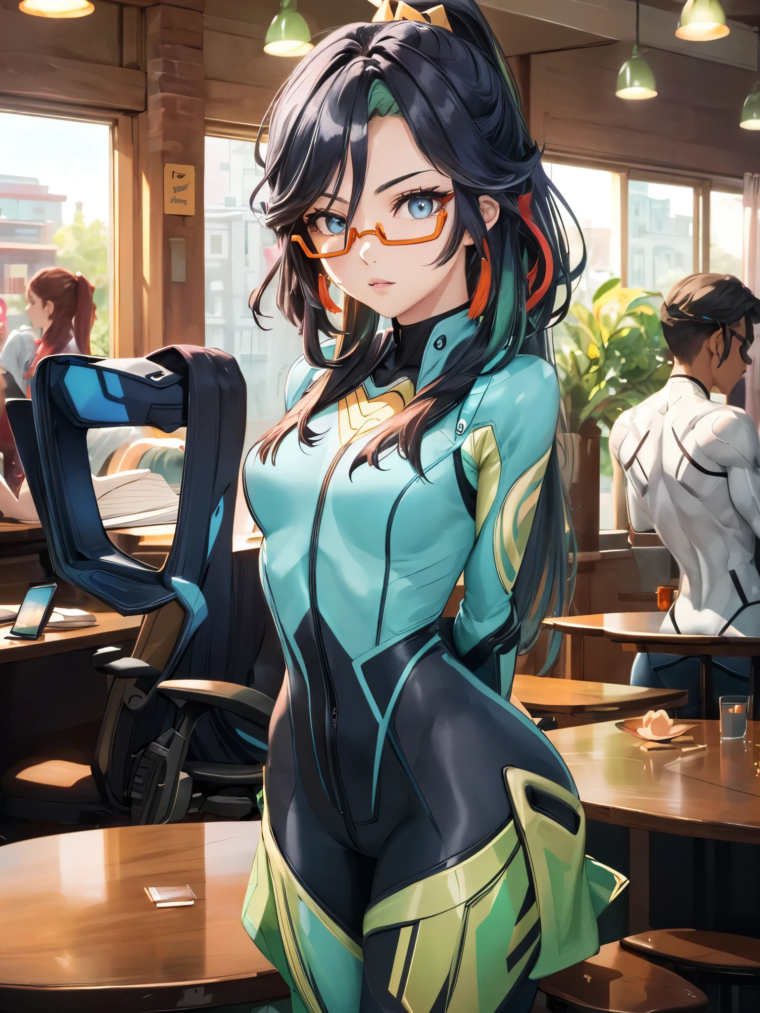 (masterpiece, best quality), 1girl, xianyun, glasses,ponytail, red-framed eyewear, under-rim eyewear,ponytail,
BREAK ((bodysuit:1.5), skin tight, superhero:1.2), BREAK ((arms behind back:1.5)),
BREAK ((top quality, 8k, masterpiece: 1.3, ultra hd, high quality, best quality, high definition, realism)), sharp focus: 1.5, Beautiful woman with Slim body, (perfect hands, perfect anatomy),