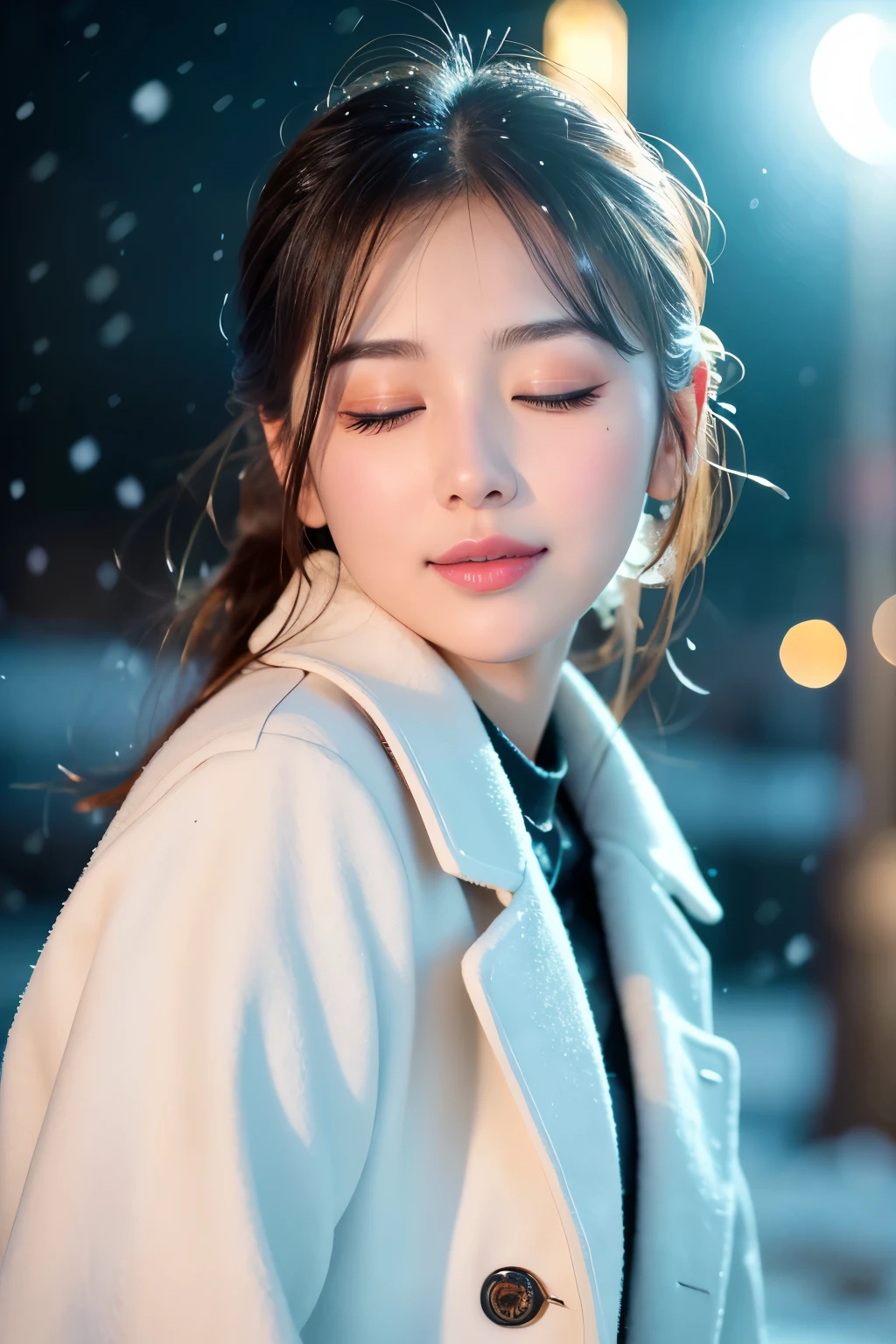 (highest quality、masterpiece、8K、best image quality、hyper realism、Award-winning work)、1 girl、Classy coat、Soft and delicate light、dramatic lighting、Romantic snowy night city、Romantic Christmas illuminations、Beautiful night view of a snowy city、Fine sparkling snow、Beautiful snow reflecting light、Diamond dust、Tyndall effect、beautiful snow scene、(that&#39;It&#39;s snowing:1.1)、Snow in your hair、accurate anatomy、(eyes completely closed:1.1)、(Fully closed lips:1.2)、Natural and beautiful eyelids、(face facing forwardのスーパークローズアップ:1.1)、(super enlarged photo of face:1.1)、(body turns forward:1.1)、(face facing forward:1.1)、Beautiful glossy lipstick, natural color、perfect makeup、natural long eyelashes、glossy lips、Ultra high definition glossy skin、ultra high definition radiation, beautiful skin、Milky white moisturized skin、beautiful skin glow、Ultra-high definition glossy lips