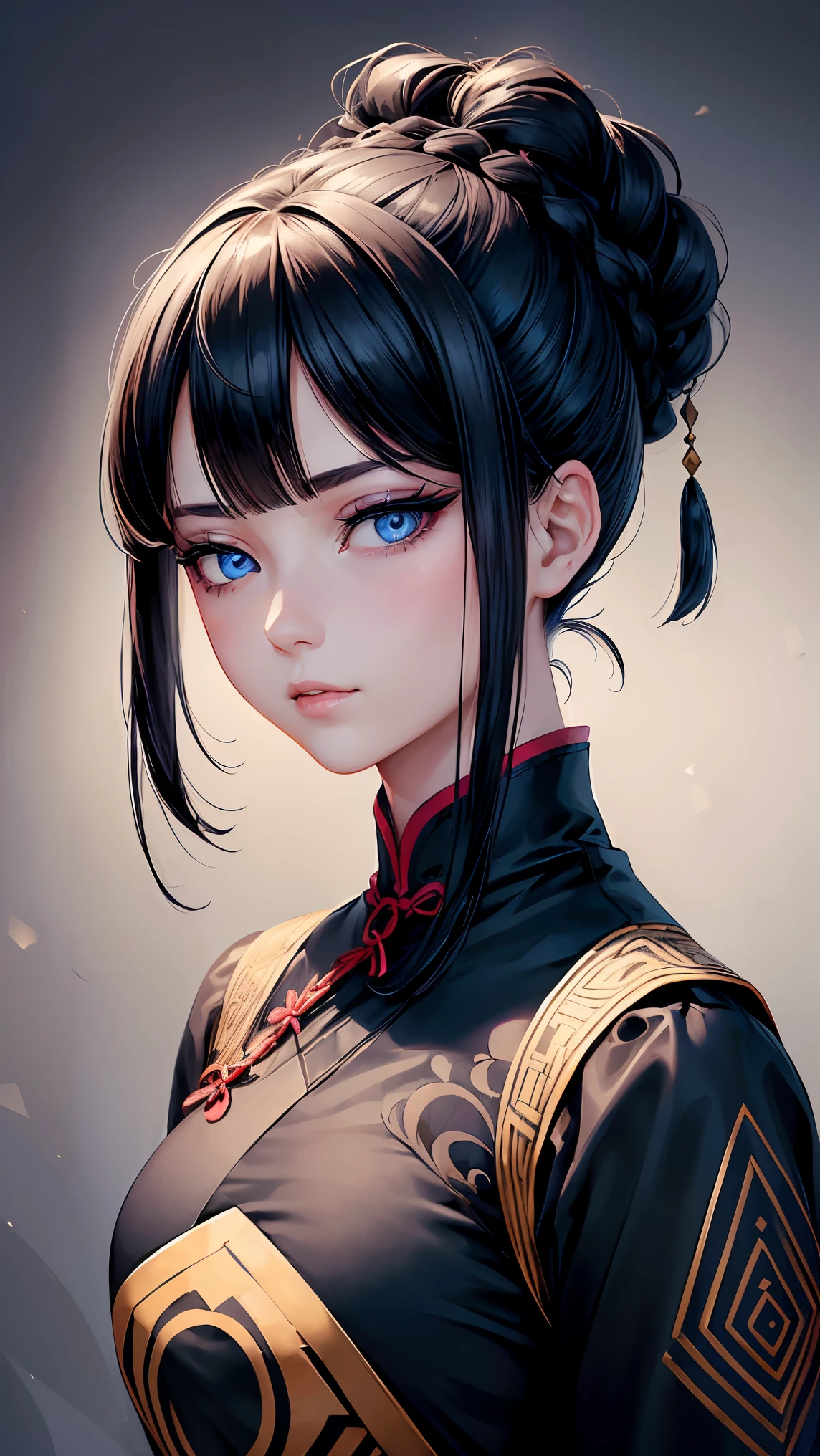 (Girl1,triangle face,blue eyes),(black hair,top Knot hairstyle),(long black Qipao Dress,The dress is decorated with beautiful patterns),Highly detailed ,8K wallpapers،Highest quality,high resolution, beautiful lighting,realistic shadow, high resolution،highly detailed,(detailed faces and eyes,realistic eyes)
