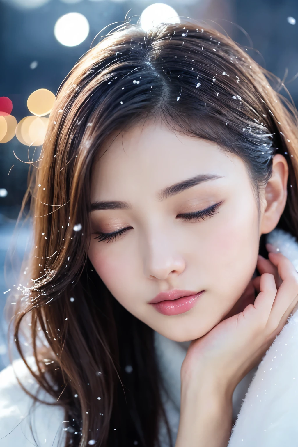 (highest quality、masterpiece、8K、best image quality、hyper realism、Award-winning work)、1 girl、Classy coat、Soft and delicate light、dramatic lighting、Romantic snowy night city、Romantic Christmas illuminations、Beautiful night view of a snowy city、Fine sparkling snow、Beautiful snow reflecting light、Diamond dust、Tyndall effect、beautiful snow scene、(that'It's snowing:1.1)、Snow in your hair、accurate anatomy、(eyes completely closed:1.1)、(Fully closed lips:1.2)、Natural and beautiful eyelids、(face facing forwardのスーパークローズアップ:1.1)、(super enlarged photo of face:1.1)、(body turns forward:1.1)、(face facing forward:1.1)、Beautiful glossy lipstick, natural color、perfect makeup、natural long eyelashes、glossy lips、Ultra high definition glossy skin、ultra high definition radiation, beautiful skin、Milky white moisturized skin、beautiful skin glow、Ultra-high definition glossy lips