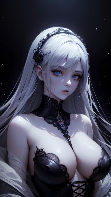 A stunning neo-Victorian cosmic cannibal, her ethereal beauty contrasting with the macabre nature of her existence: porcelain skin adorned with delicate lace, opalescent eyes glazed with hunger, and tendrils of swirling galaxies woven into her flowing midnight hair. This intricate portrait is a mesmerizing gouache painting, meticulously detailed and expertly rendered, capturing every nuanced feature with breathtaking precision. The juxtaposition of elegance and horror is masterfully portrayed, inviting viewers to delve into the haunting narrative of a celestial being consumed by her own darkness.