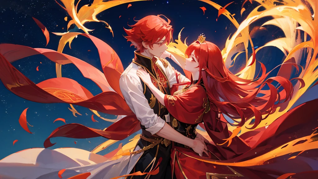 beutiful girl, red hair, nine tailed fox, fox, royal clothes, handsome boy, red hair, gold leaf crown, black royal clothes, crescent-shaped blade, night sky, kiss pose, couple, 8k resolution