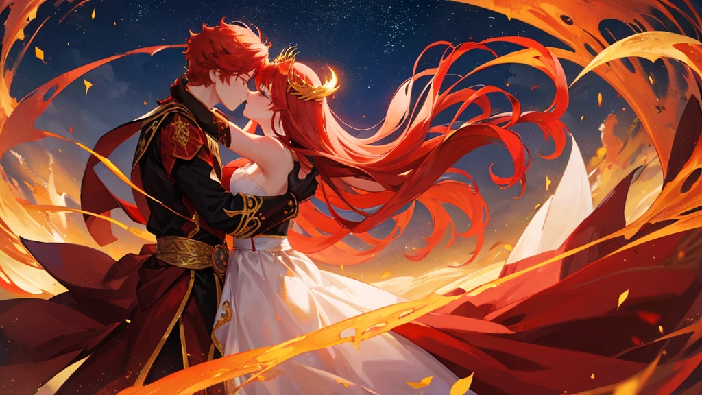 beutiful girl, red hair, nine tailed fox, fox, royal clothes, handsome boy, red hair, gold leaf crown, black royal clothes, crescent-shaped blade, night sky, kiss pose, couple, 8k resolution