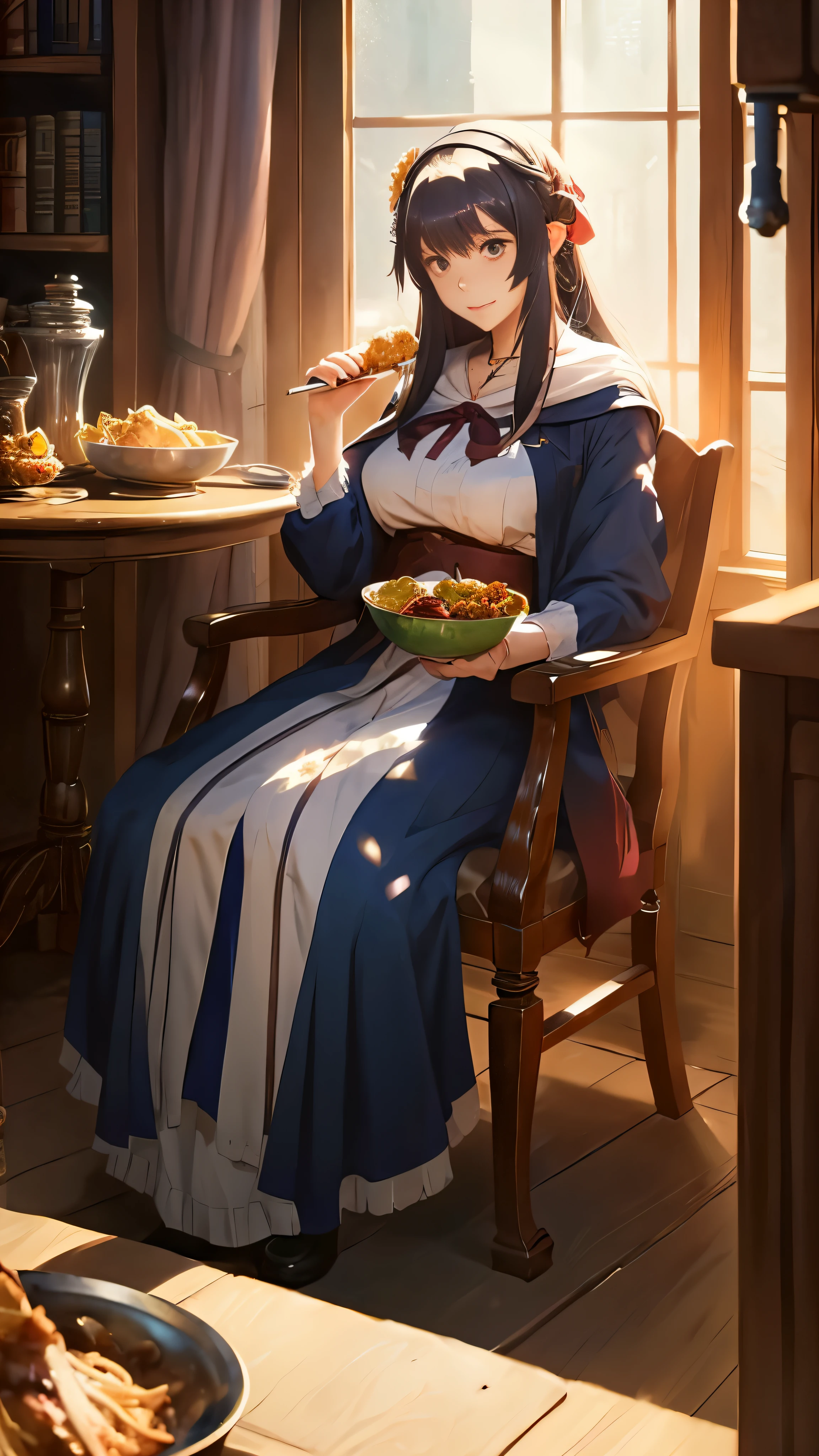 anime girl sitting in chair with a bowl of food in her hand, alchemist girl, light novel cover art, official art, epic light novel art cover, official artwork, epic light novel cover art, , isekai, small curvy , cushart krenz, cushart, cushart krenz key art feminine, shadowverse style, moe
