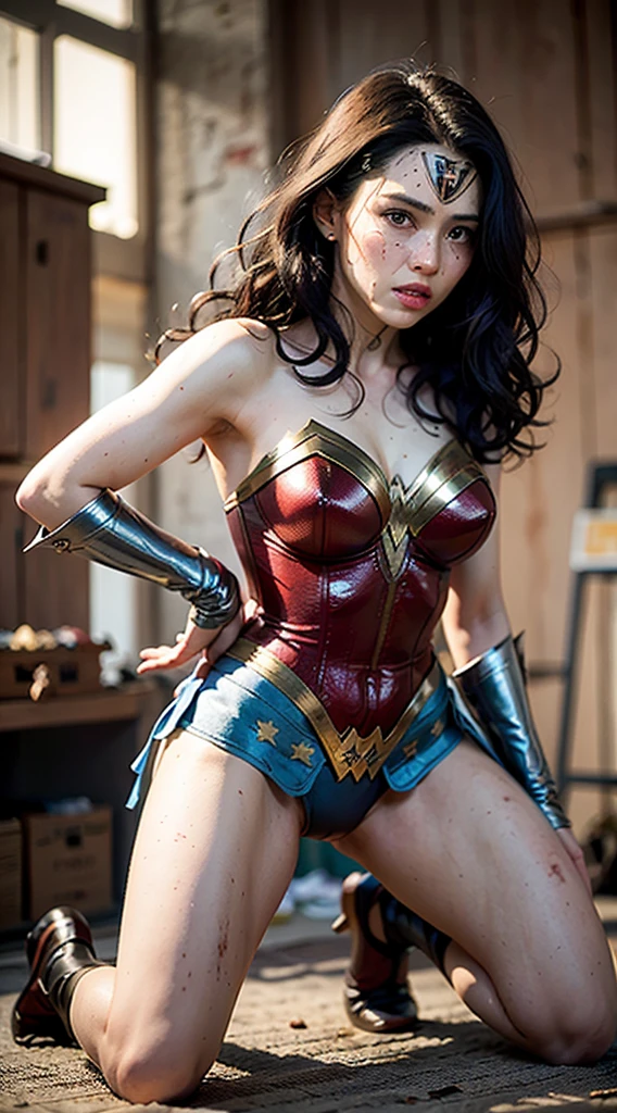 (best quality), (masterpiece), (horror), (bloody), wonder woman, (brunette messy hair), (tired and weak face, busted lips, bleeding lips),(perfect body, perfect , perfect thighs), ((dirty and bloody skin)),(tears, blood, bruises on face and body, blood flowing from head and face, injuries on body, damaged), (wearing wonder woman suit, damaged, ripped and torn clothes, exposed belly, exposed thighs, exposed arms), (kneeling weakly), dark lighting, foggy and smoky, 8k resolution, high saturation, low exposure, destroyed and burning city surrounding
