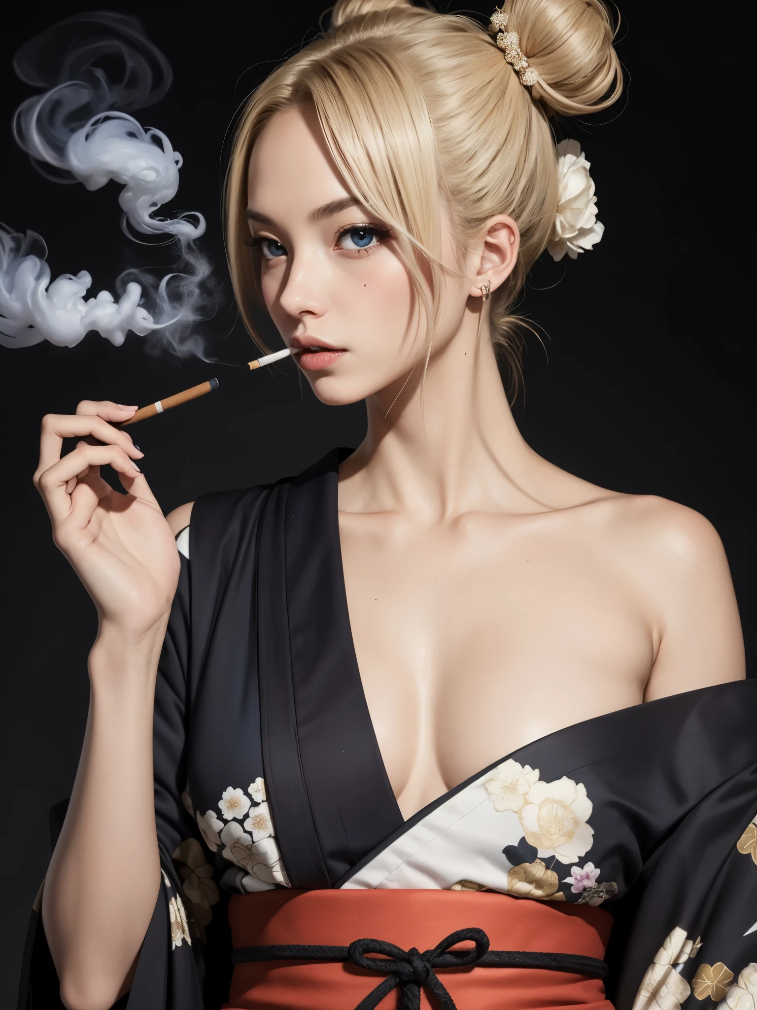 sexy woman wearing kimono smoking, BREAK, 1girl, blonde hair, kanzashi bun hair, fierce eyes, black kimono, bare shoulder, v-shaped eyebrows,