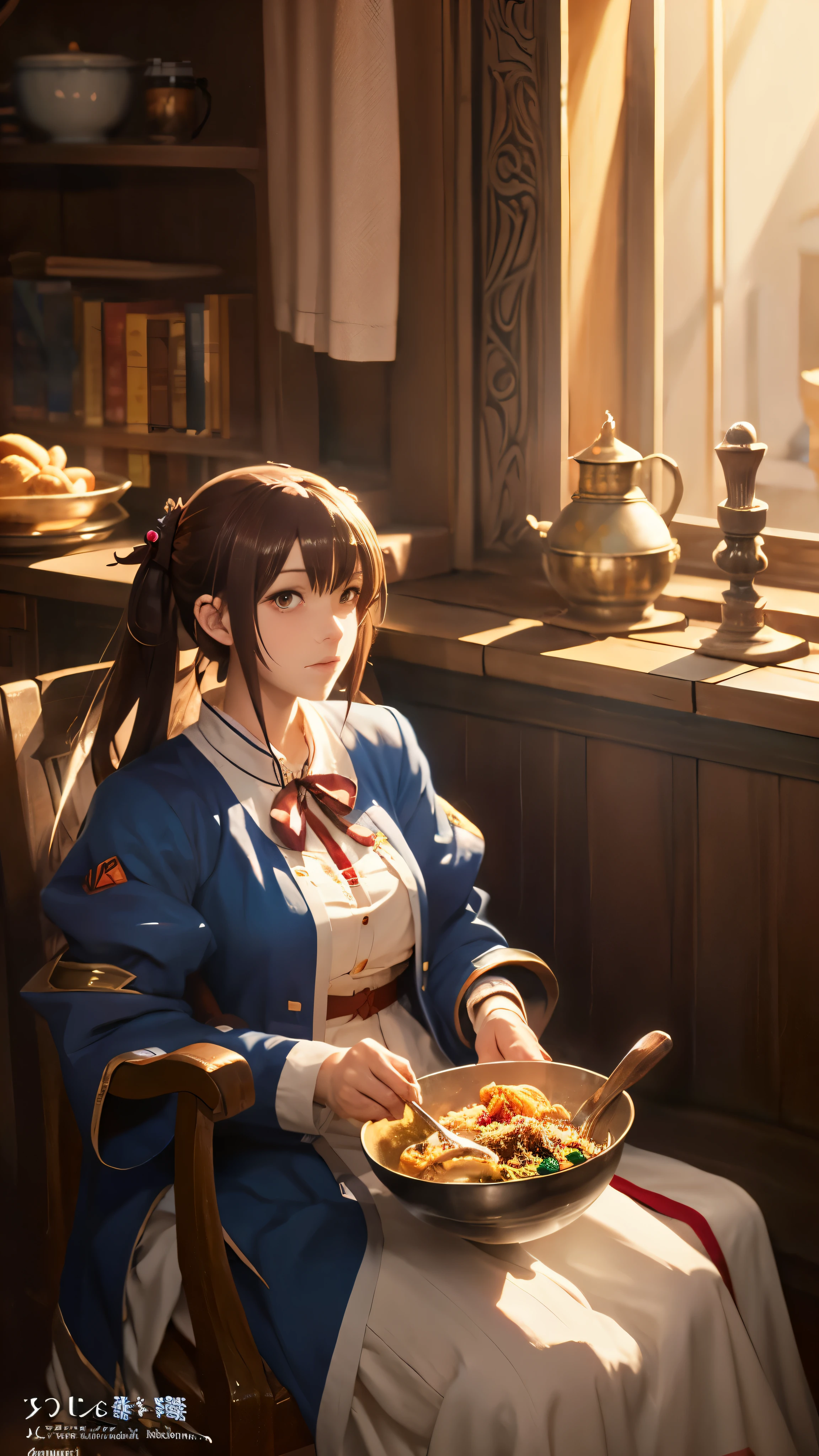 anime girl sitting in chair with a bowl of food in her hand, alchemist girl, light novel cover art, official art, epic light novel art cover, official artwork, epic light novel cover art, , isekai, small curvy , cushart krenz, cushart, cushart krenz key art feminine, shadowverse style, moe