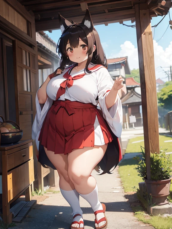 Chubby miko girl, plump, ahoge, straight dark brown hair, character portrait, standing, shrine maiden, full body, fox ears, fox tail