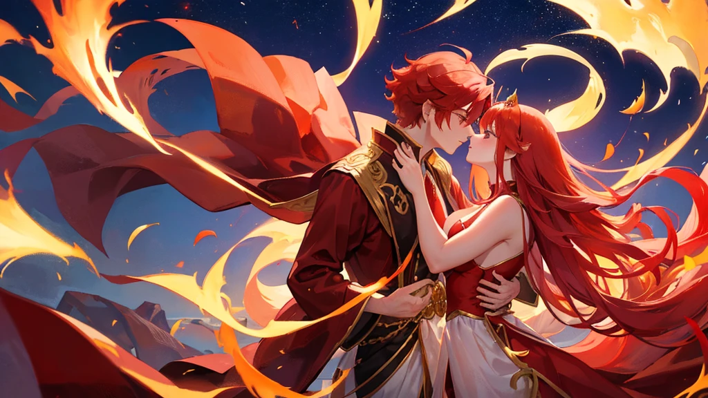 beutiful girl, red hair, nine tailed fox, fox, royal clothes, handsome boy, red hair, gold leaf crown, black royal clothes, crescent-shaped blade, night sky, kiss pose, couple, 8k resolution