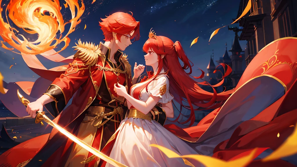 beutiful girl, red hair, nine tailed fox, fox, royal clothes, handsome boy, red hair, gold leaf crown, black royal clothes, crescent-shaped blade, night sky, kiss pose, couple, 8k resolution