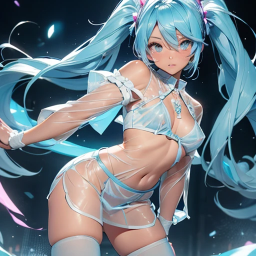 (quality)), ((masterpiece)), Recommended resultsluffly、(see through:1.5)、whole body 、Swollen nipples,straighten your back、huge bust、angle to floor:1.2、low camera angle、Hair loss on crotch、Whole body facing the camera,Hair can be seen on the crotch,Hatsune Miku, Fluorescent milky white,Blue-pink pupils,Blue and White Clothes,Super nice looking, Very sweet and lovely face,Light of faith